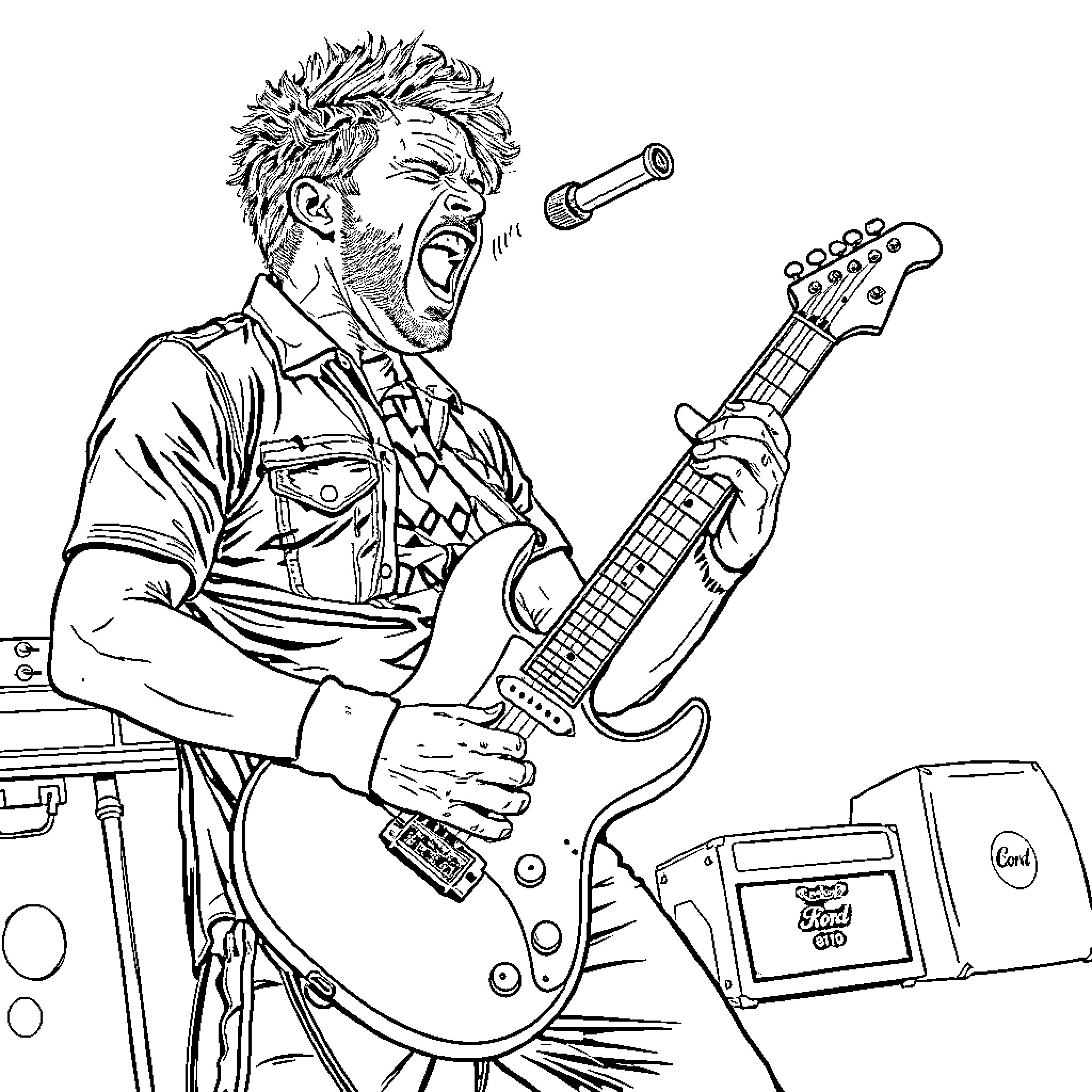 David Gunn performing passionately with electric guitar Coloring Page (free black-and-white line drawing printable PDF for all, from beginners to advanced learners, including children, teens, adults, and seniors)