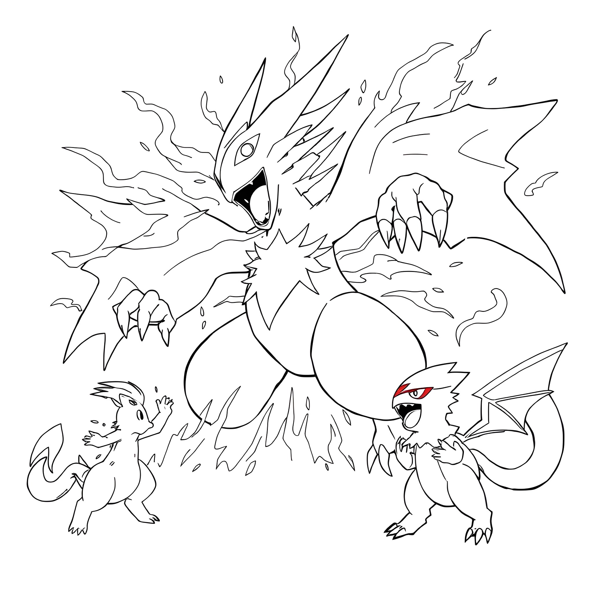 Pokémon characters in an epic battle scene Coloring Page (free black-and-white line drawing printable PDF for all, from beginners to advanced learners, including children, teens, adults, and seniors)