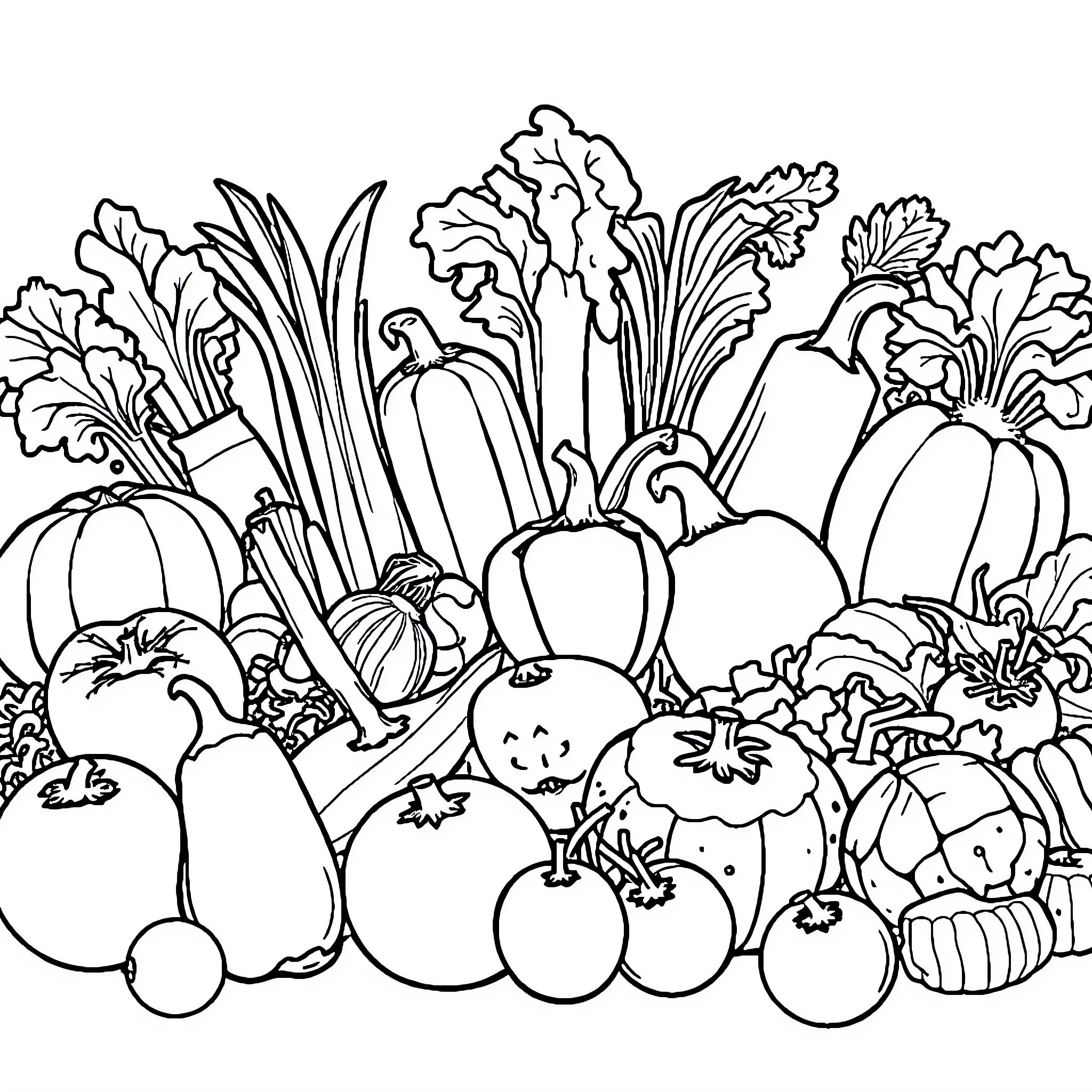 Vegetable Diversity in Monochrome Coloring Page (free black-and-white line drawing printable PDF for all, from beginners to advanced learners, including children, teens, adults, and seniors)