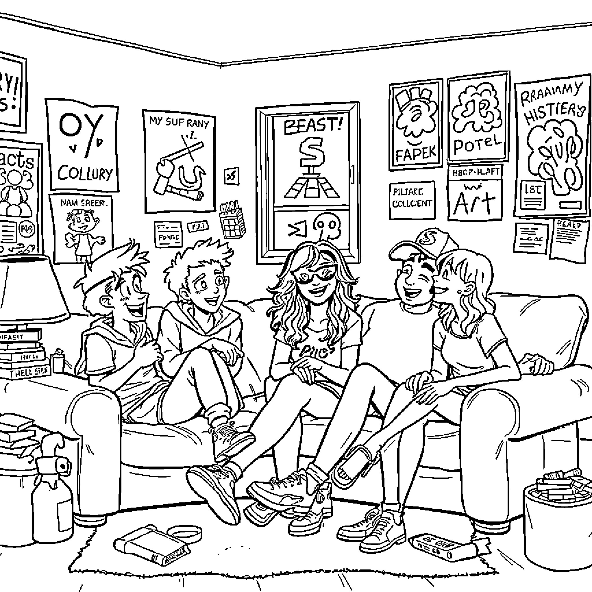 Mystery Shack Teens Enjoying Art and Company Coloring Page (free black-and-white line drawing printable PDF for all, from beginners to advanced learners, including children, teens, adults, and seniors)