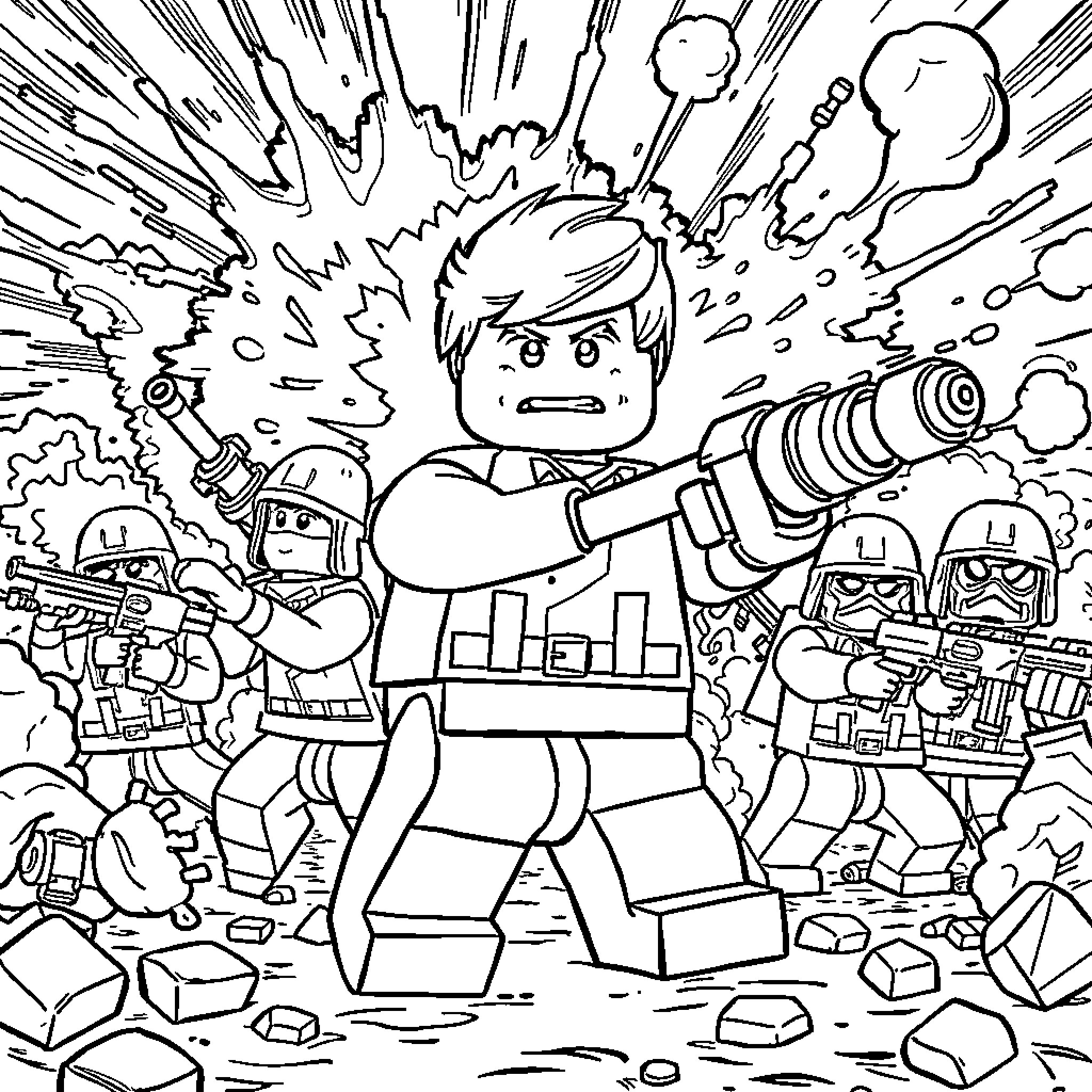 Lego Man leading a squad of soldiers in explosive battle Coloring Page (free black-and-white line drawing printable PDF for all, from beginners to advanced learners, including children, teens, adults, and seniors)
