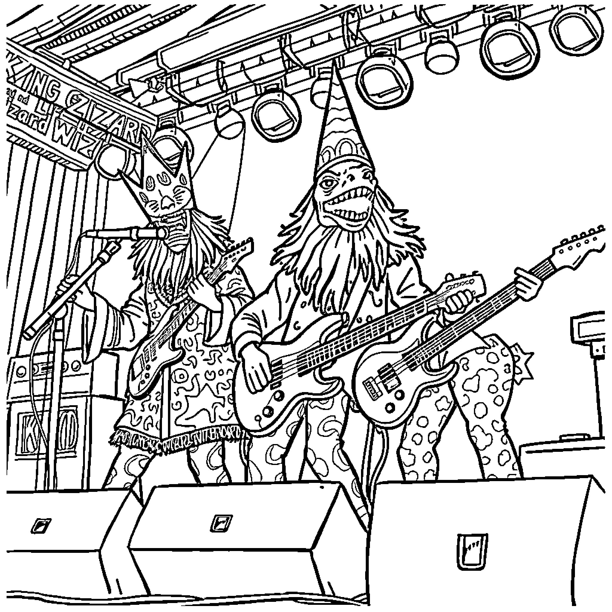 King Gizzard Performing on Stage with Eccentric Outfits Coloring Page (free black-and-white line drawing printable PDF for all, from beginners to advanced learners, including children, teens, adults, and seniors)