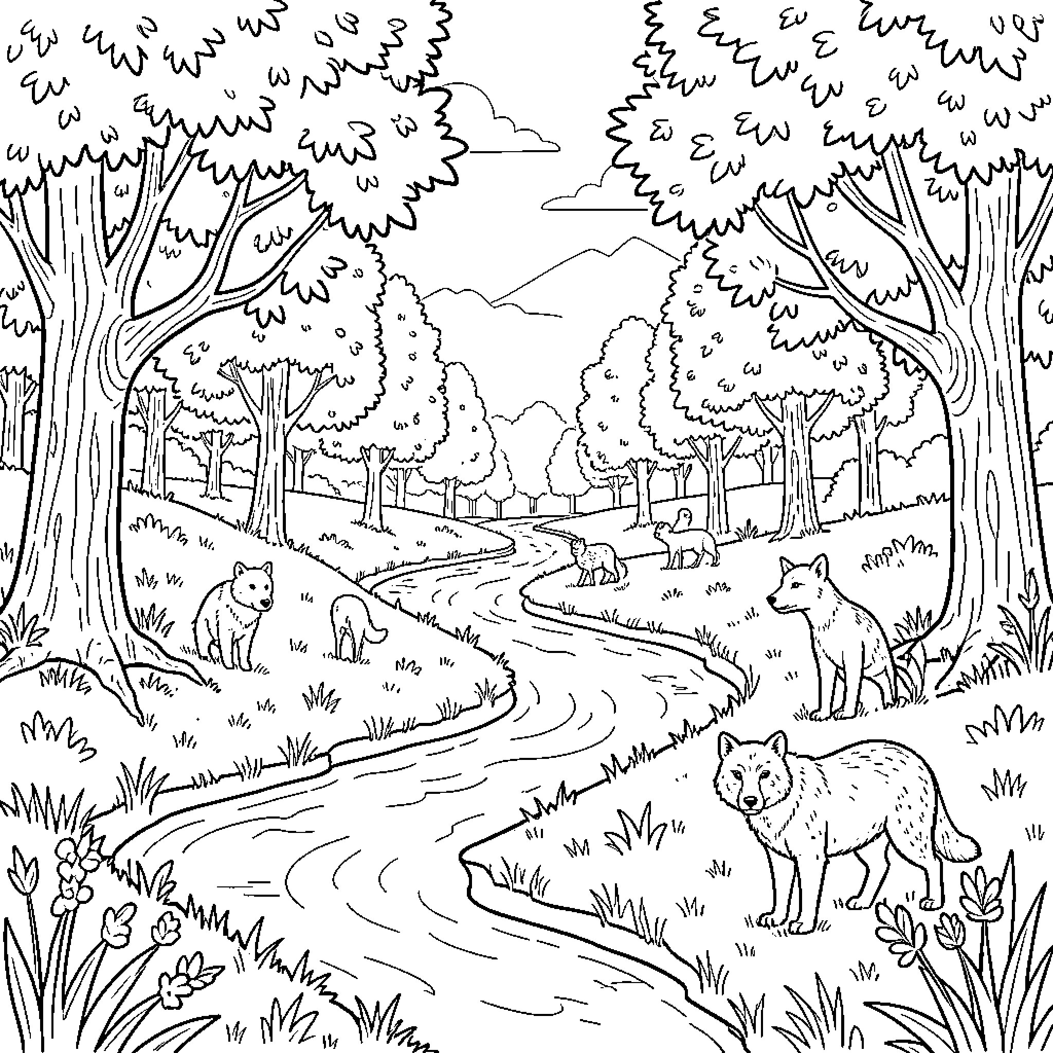 Nature scene with wolves wandering near a winding river Coloring Page (free black-and-white line drawing printable PDF for all, from beginners to advanced learners, including children, teens, adults, and seniors)