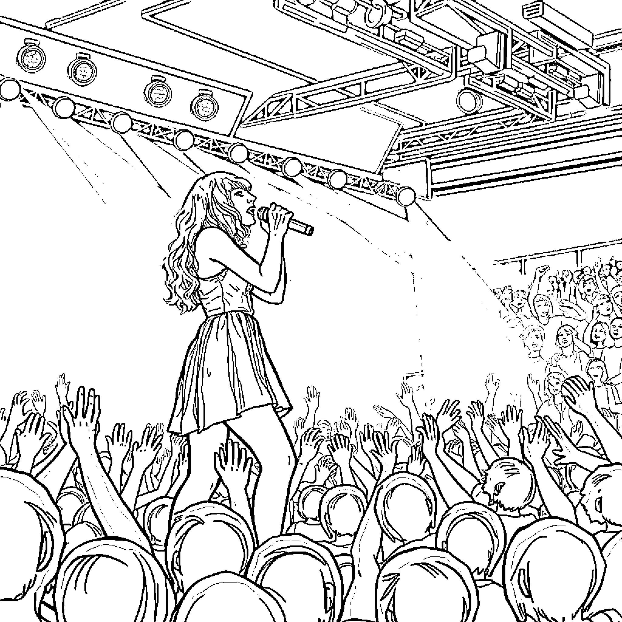 Taylor Swift Performing on Stage with Audience Coloring Page (free black-and-white line drawing printable PDF for all, from beginners to advanced learners, including children, teens, adults, and seniors)