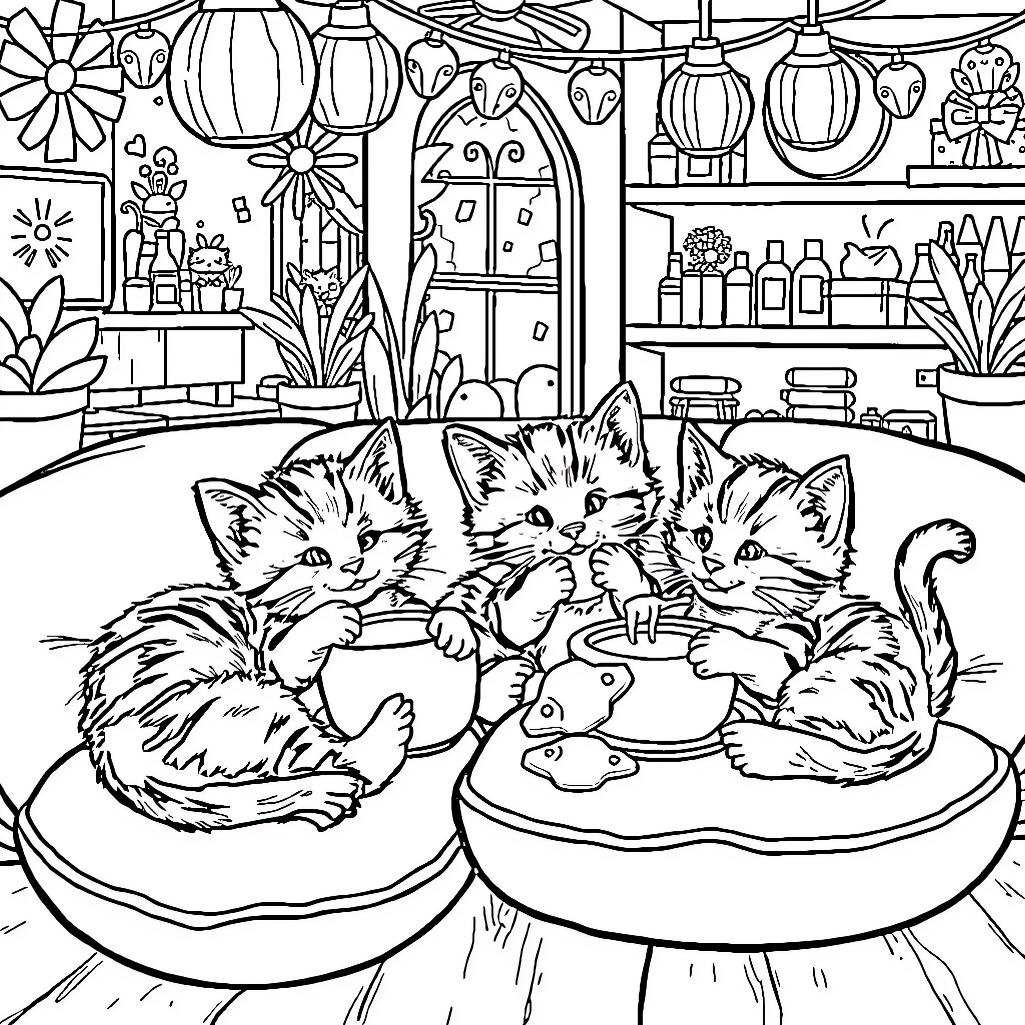 Kittens playing in a cozy room Coloring Page (free black-and-white line drawing printable PDF for all, from beginners to advanced learners, including children, teens, adults, and seniors)