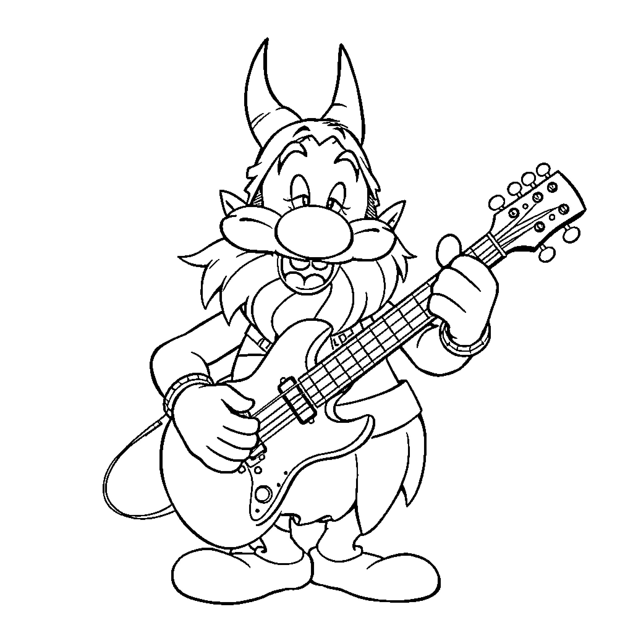 Asterix plays an electric guitar happily Coloring Page (free black-and-white line drawing printable PDF for all, from beginners to advanced learners, including children, teens, adults, and seniors)