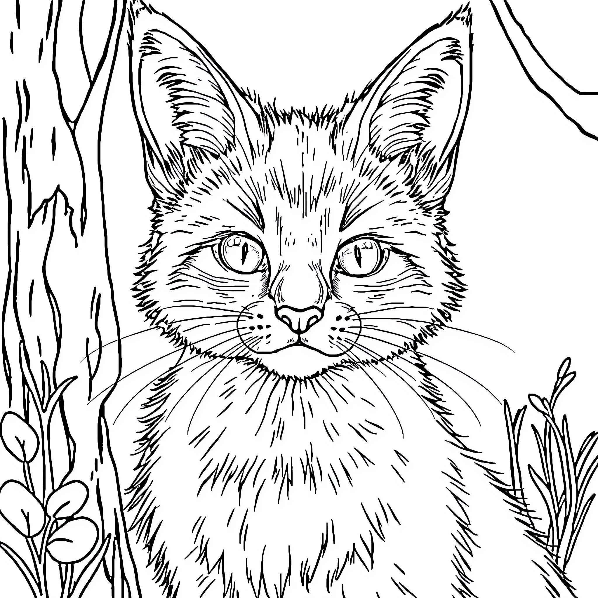 Fox and Cat face off in the forest Coloring Page (free black-and-white line drawing printable PDF for all, from beginners to advanced learners, including children, teens, adults, and seniors)