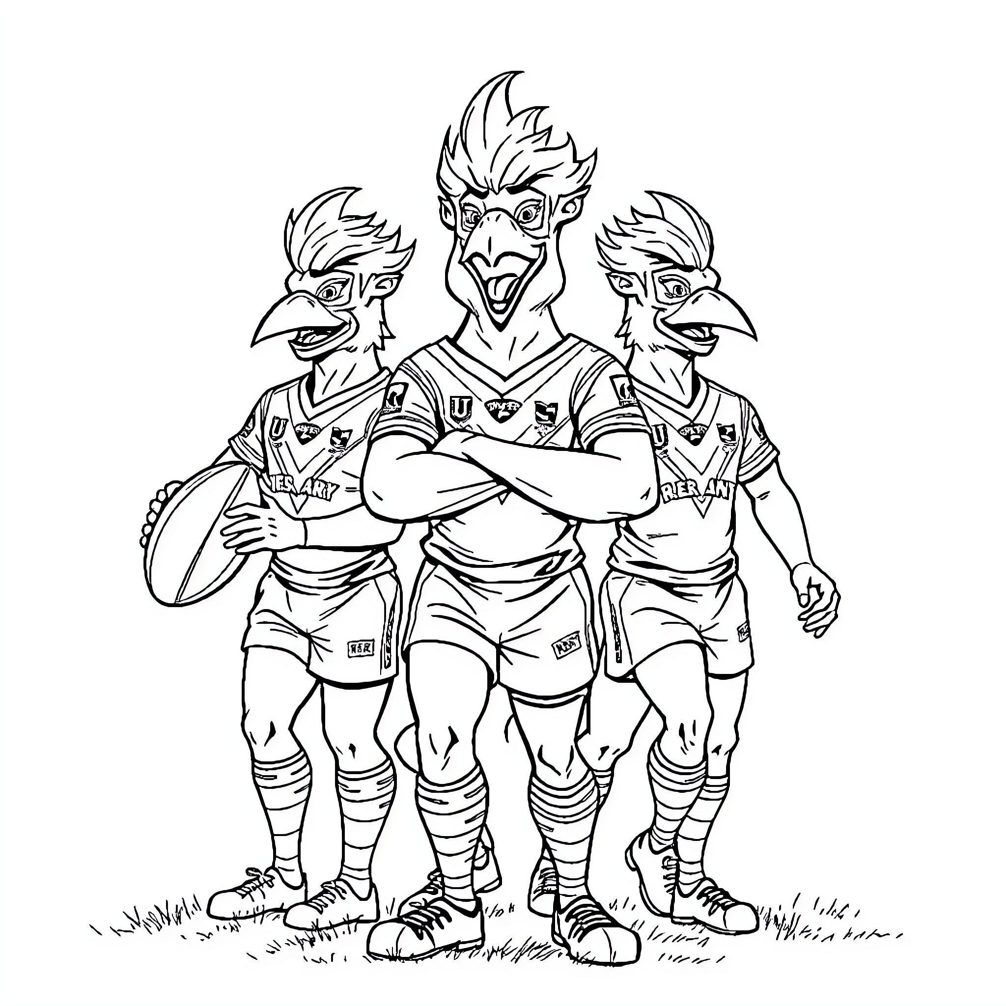Rooster-headed soccer players in uniform Coloring Page (free black-and-white line drawing printable PDF for all, from beginners to advanced learners, including children, teens, adults, and seniors)
