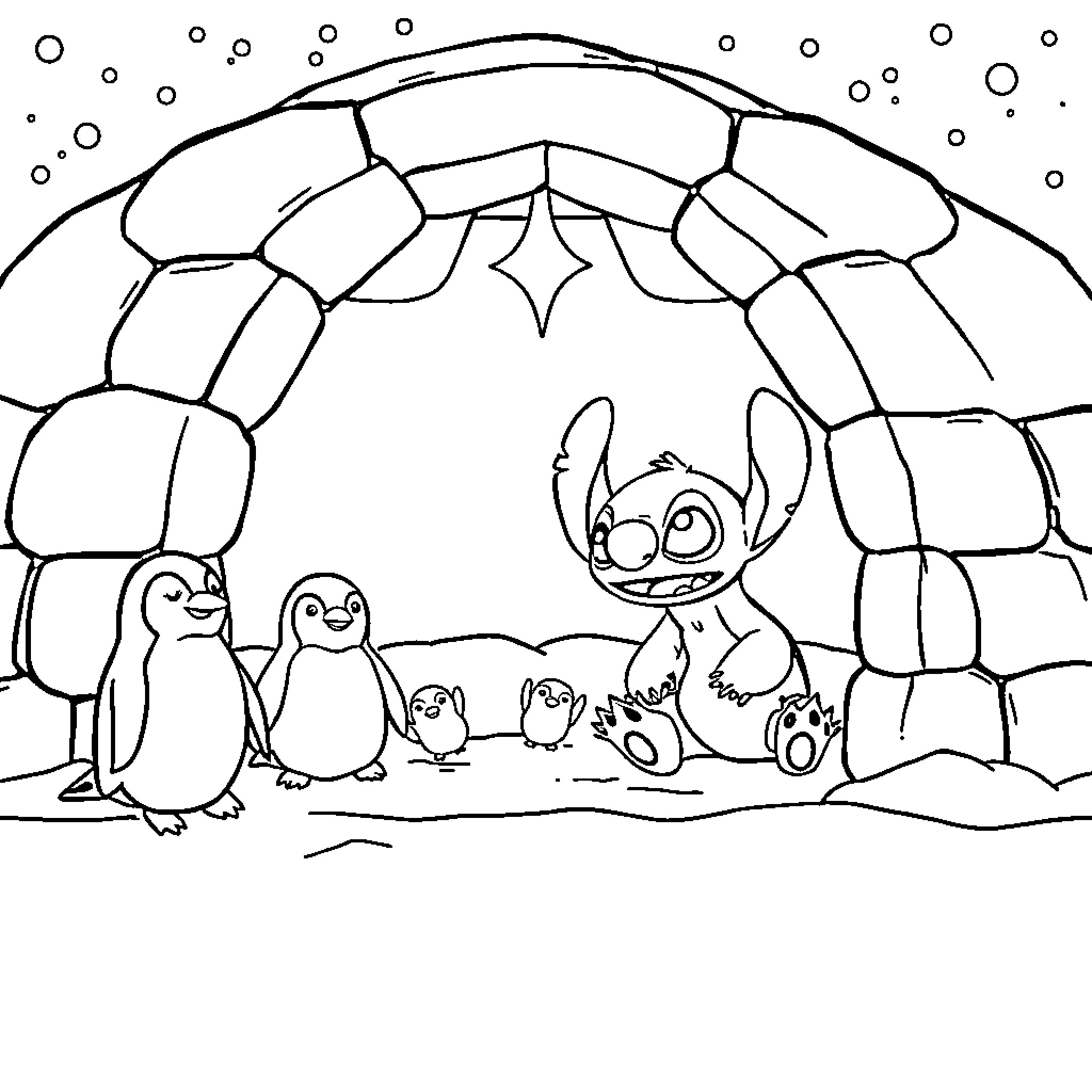 Lilo and the Penguin Family's Igloo Adventure Coloring Page (free black-and-white line drawing printable PDF for all, from beginners to advanced learners, including children, teens, adults, and seniors)