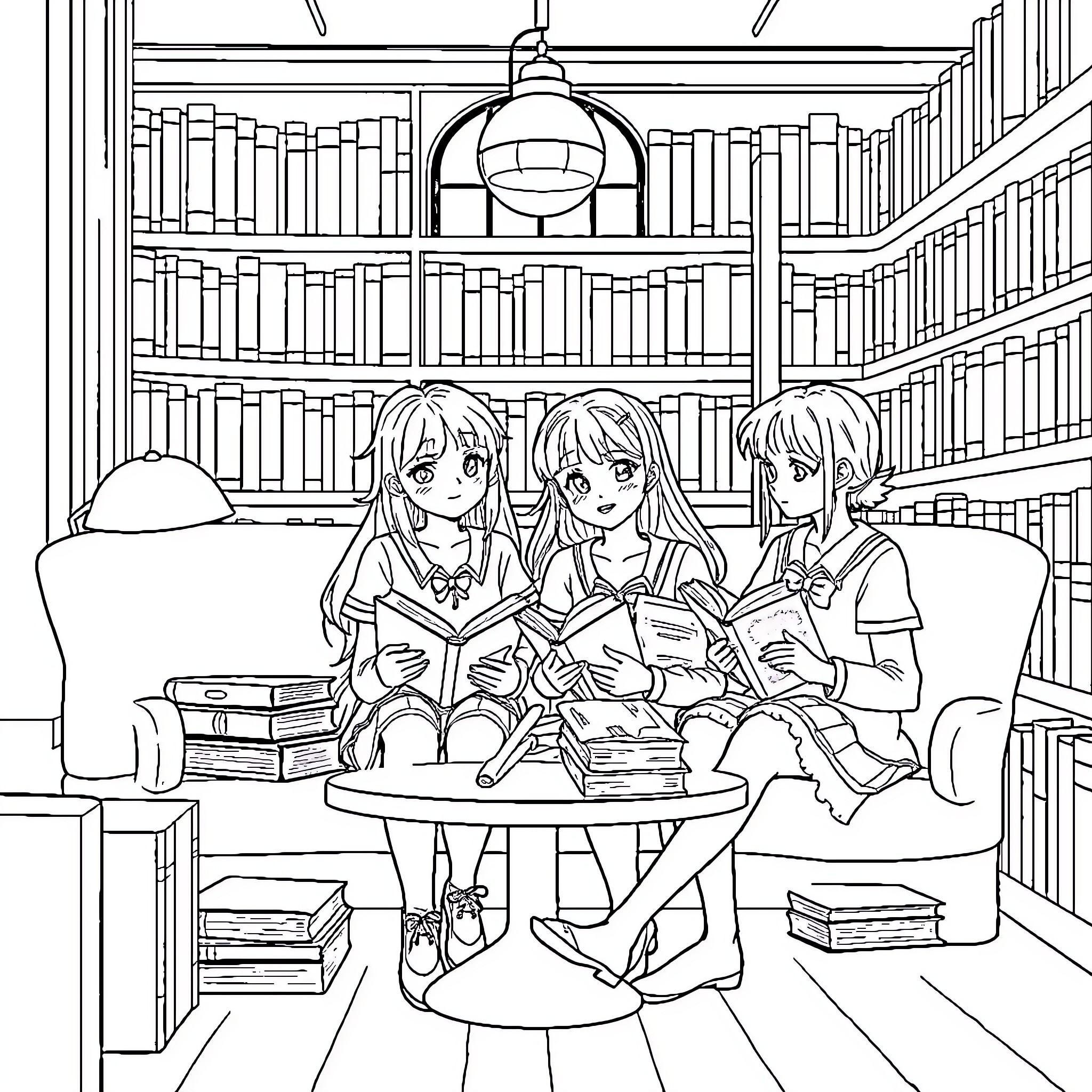 Girls reading books in a cozy library Coloring Page (free black-and-white line drawing printable PDF for all, from beginners to advanced learners, including children, teens, adults, and seniors)