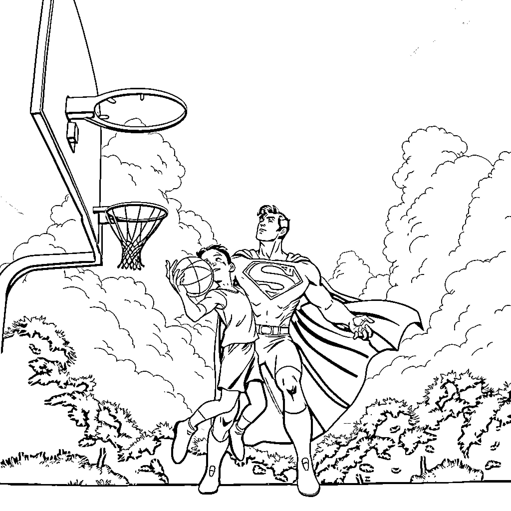 Superman playing basketball with a young boy Coloring Page (free black-and-white line drawing printable PDF for all, from beginners to advanced learners, including children, teens, adults, and seniors)