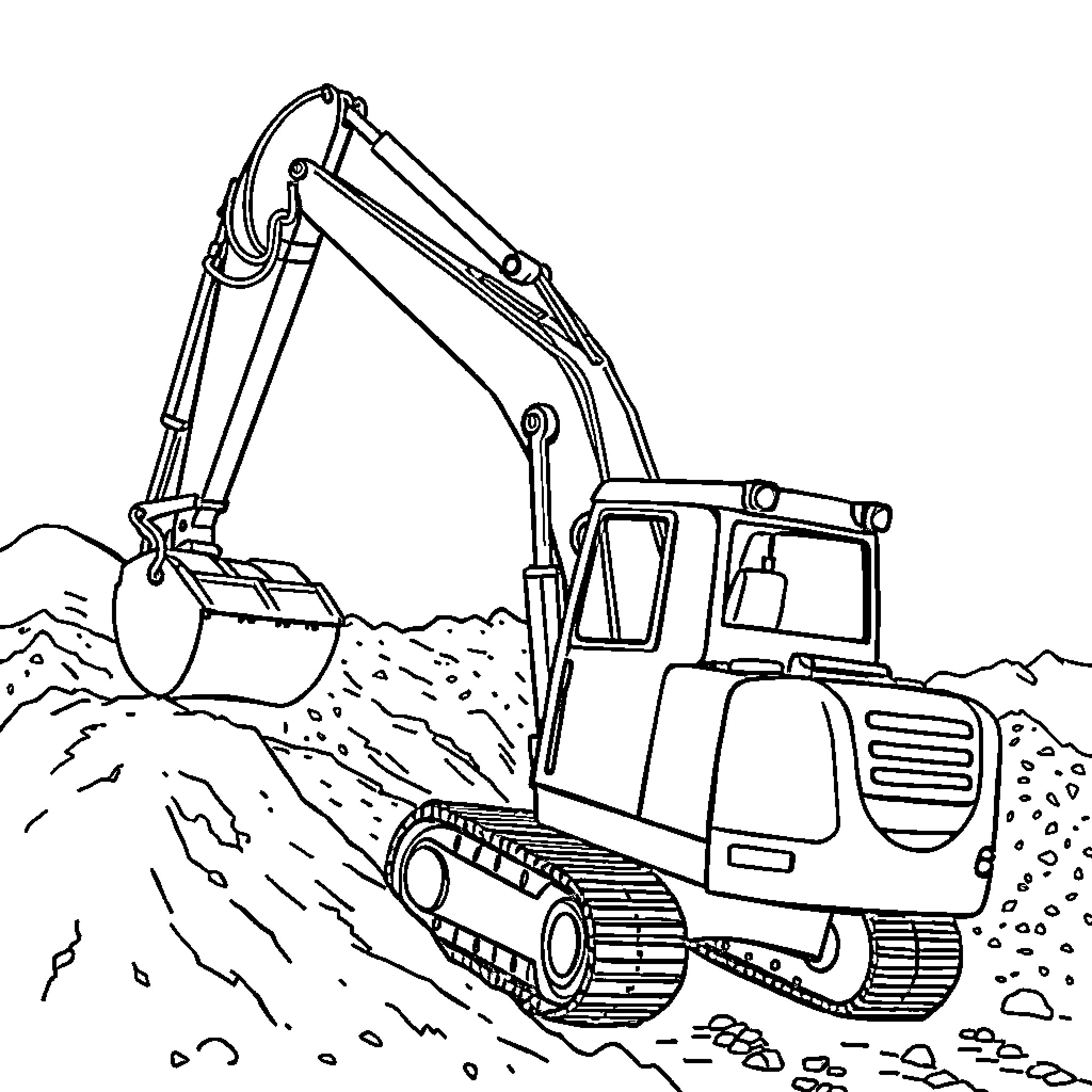 Excavator working on construction site Coloring Page (free black-and-white line drawing printable PDF for all, from beginners to advanced learners, including children, teens, adults, and seniors)
