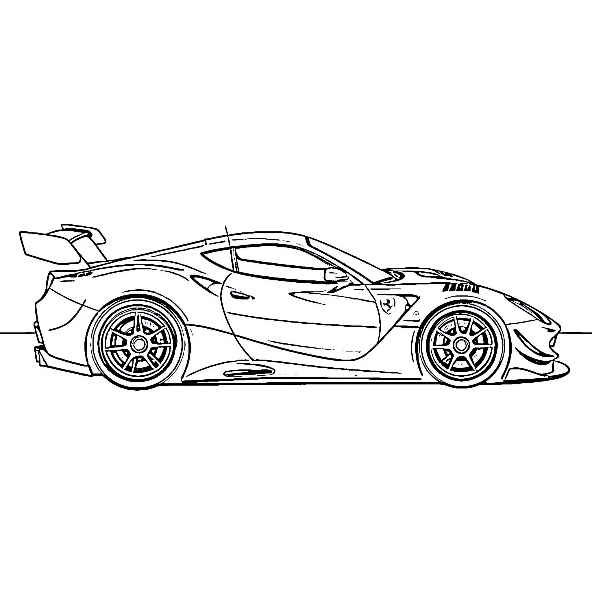 Ferrari racing car in dynamic motion Coloring Page (free black-and-white line drawing printable PDF for all, from beginners to advanced learners, including children, teens, adults, and seniors)