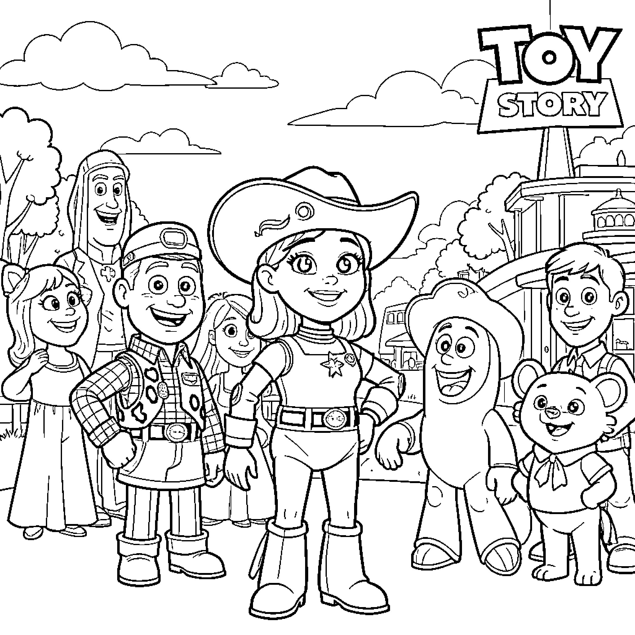 Octavia posing with a group of joyful toy characters Coloring Page (free black-and-white line drawing printable PDF for all, from beginners to advanced learners, including children, teens, adults, and seniors)