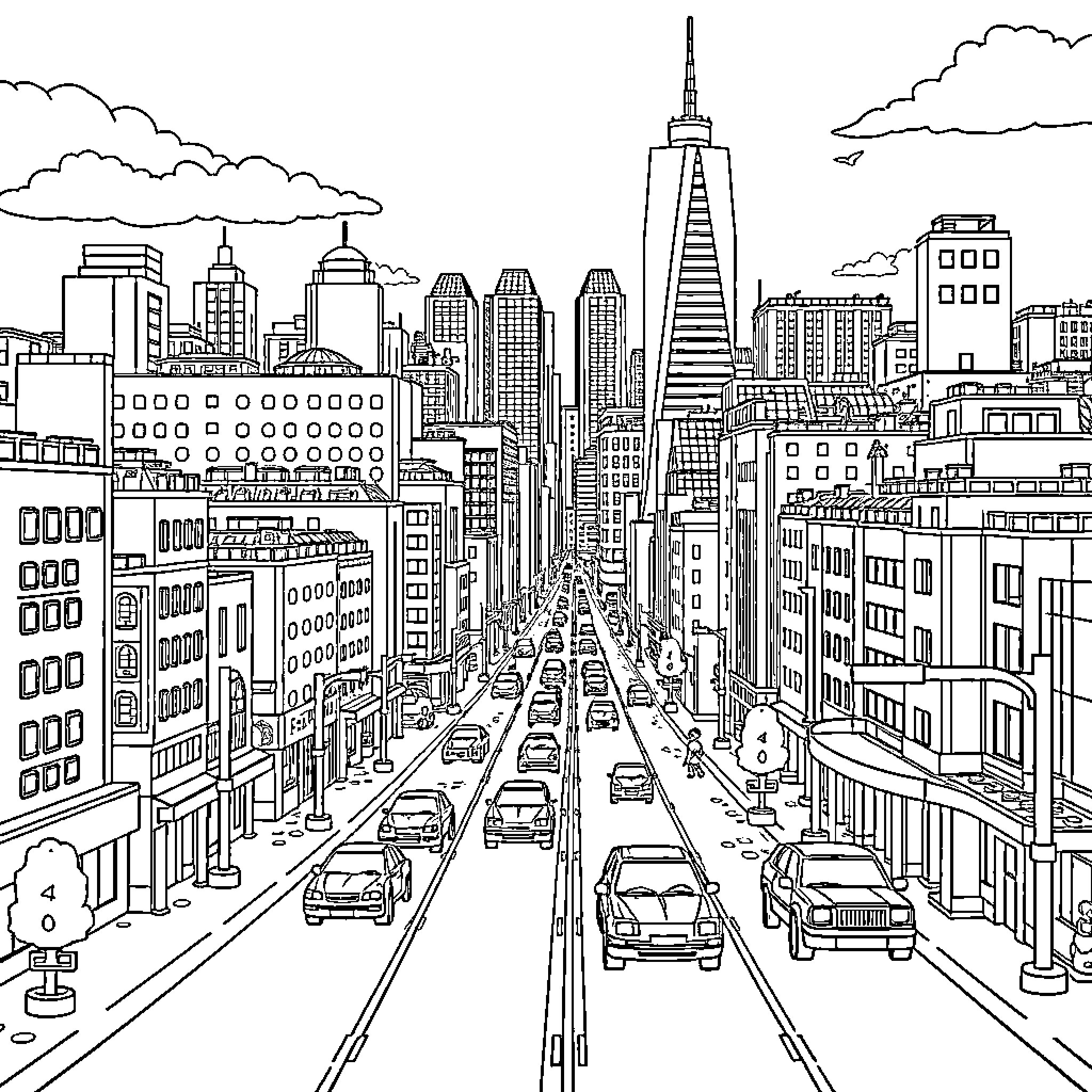 Lego city skyline with busy streets and traffic Coloring Page (free black-and-white line drawing printable PDF for all, from beginners to advanced learners, including children, teens, adults, and seniors)