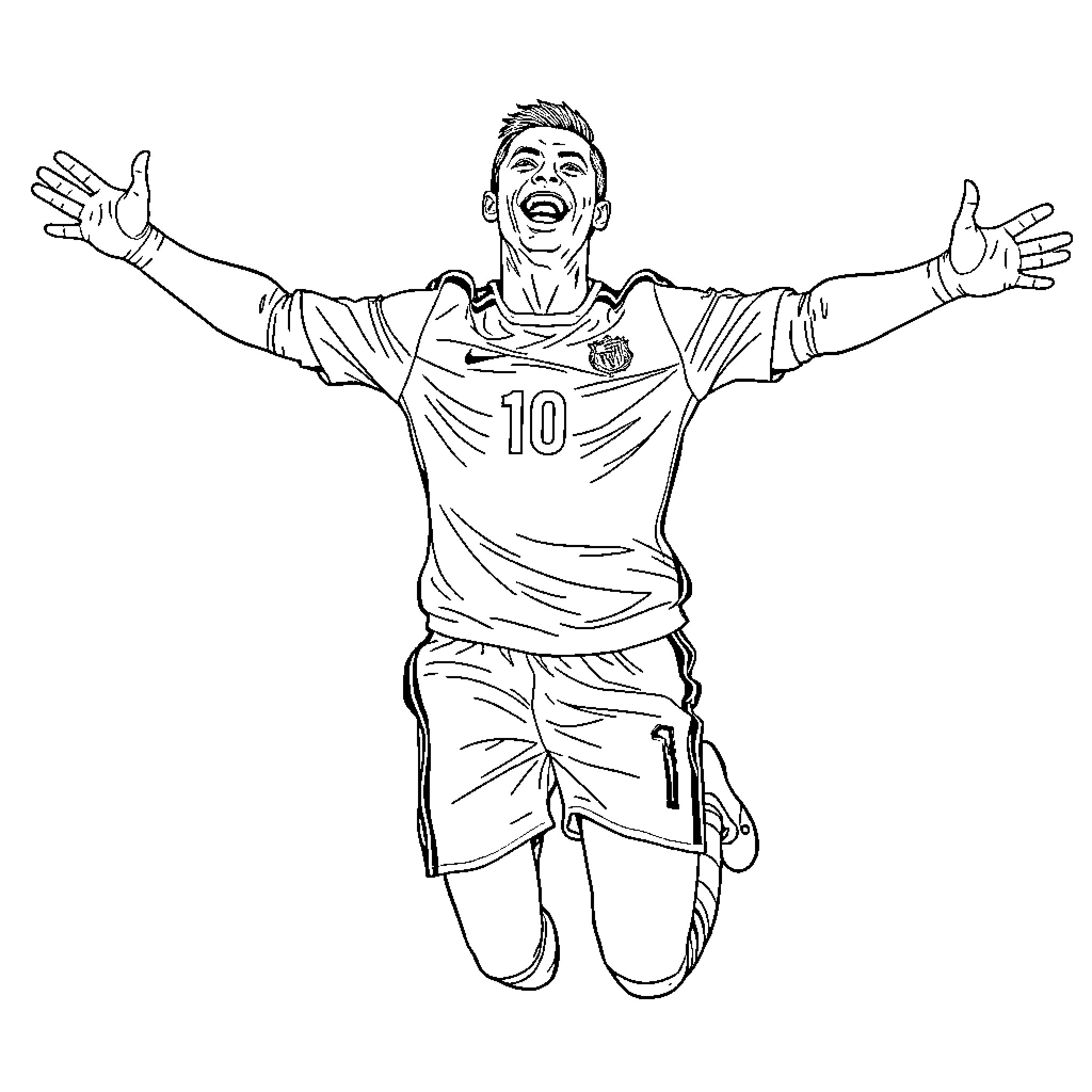 Ronaldo celebrating with outstretched arms Coloring Page (free black-and-white line drawing printable PDF for all, from beginners to advanced learners, including children, teens, adults, and seniors)