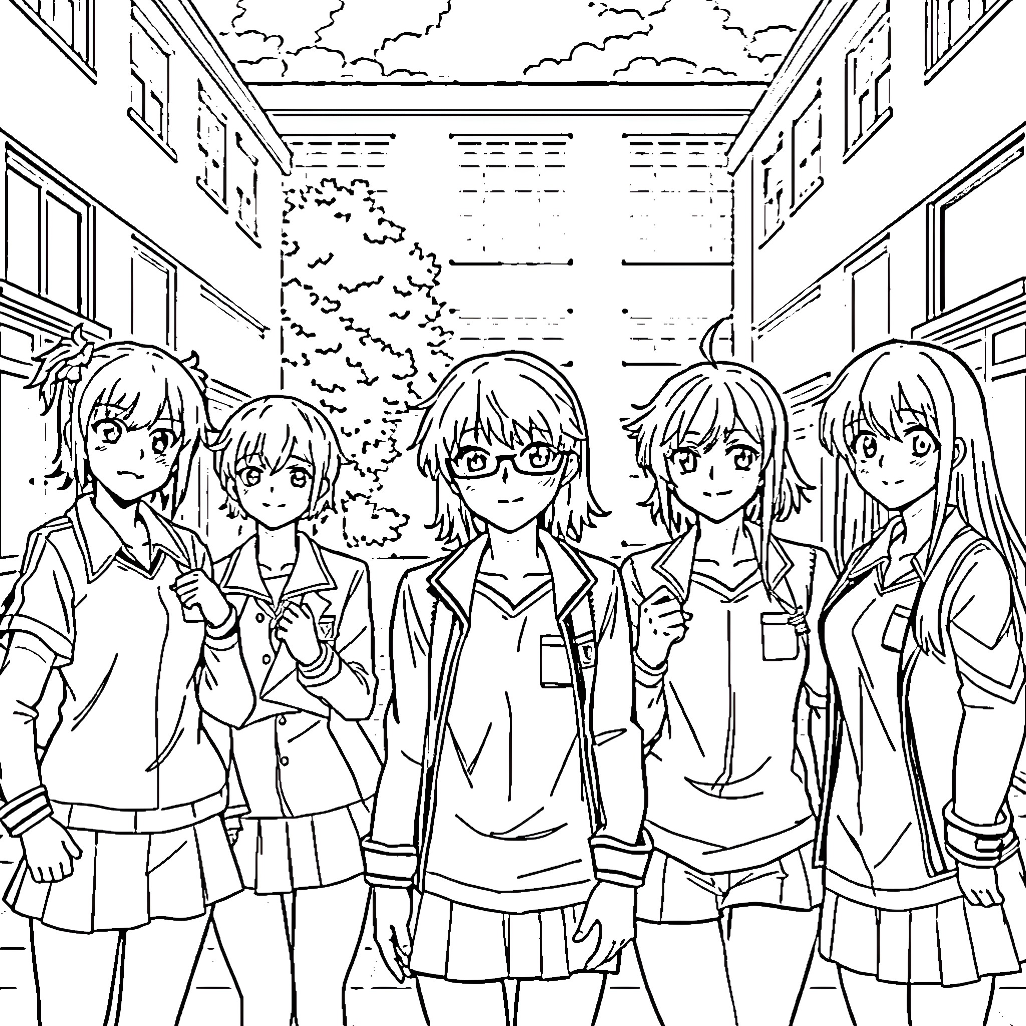 Hero Academia Girl Group Portrait in School Setting Coloring Page (free black-and-white line drawing printable PDF for all, from beginners to advanced learners, including children, teens, adults, and seniors)