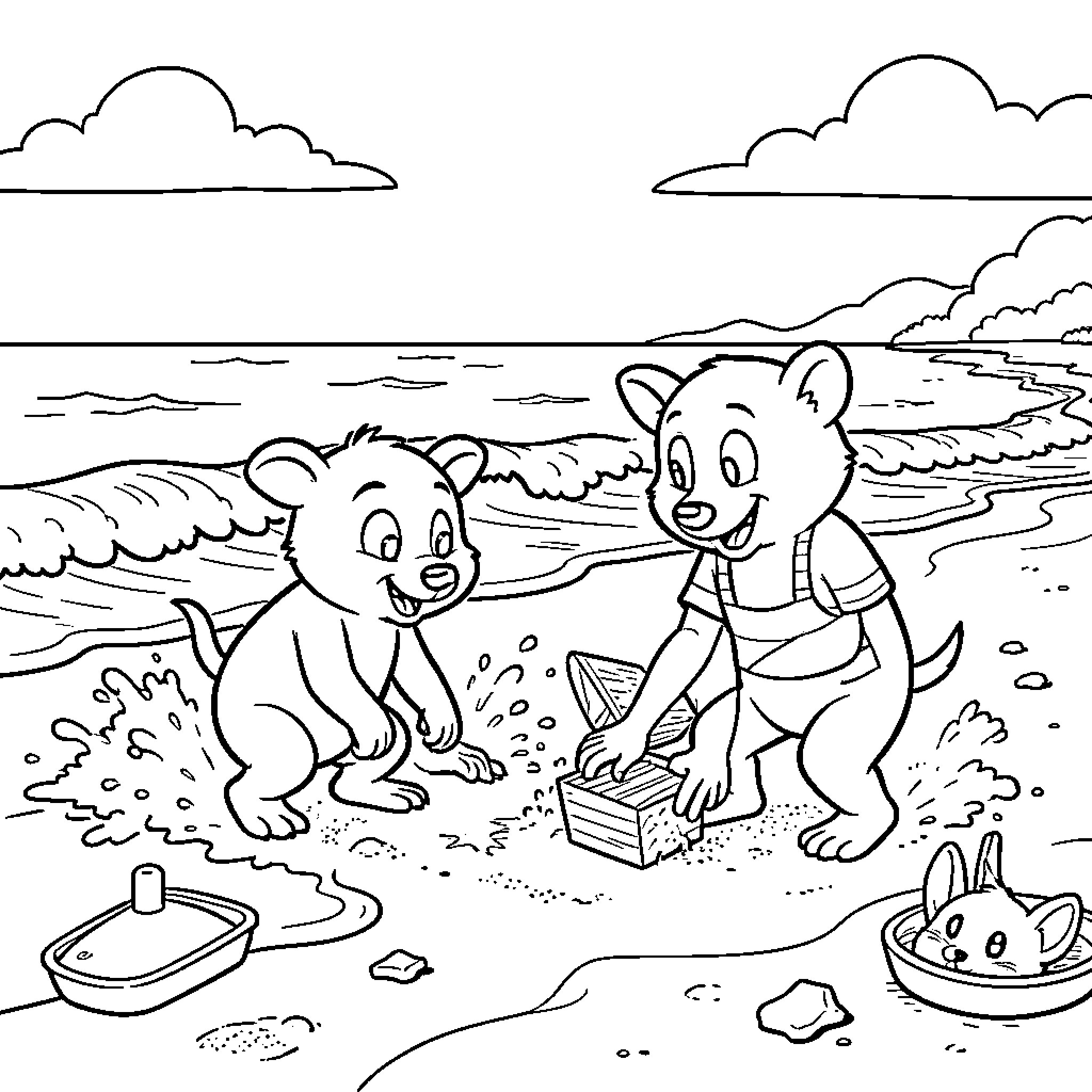 Titi et Grosminet playing with sandcastles at the beach Coloring Page (free black-and-white line drawing printable PDF for all, from beginners to advanced learners, including children, teens, adults, and seniors)