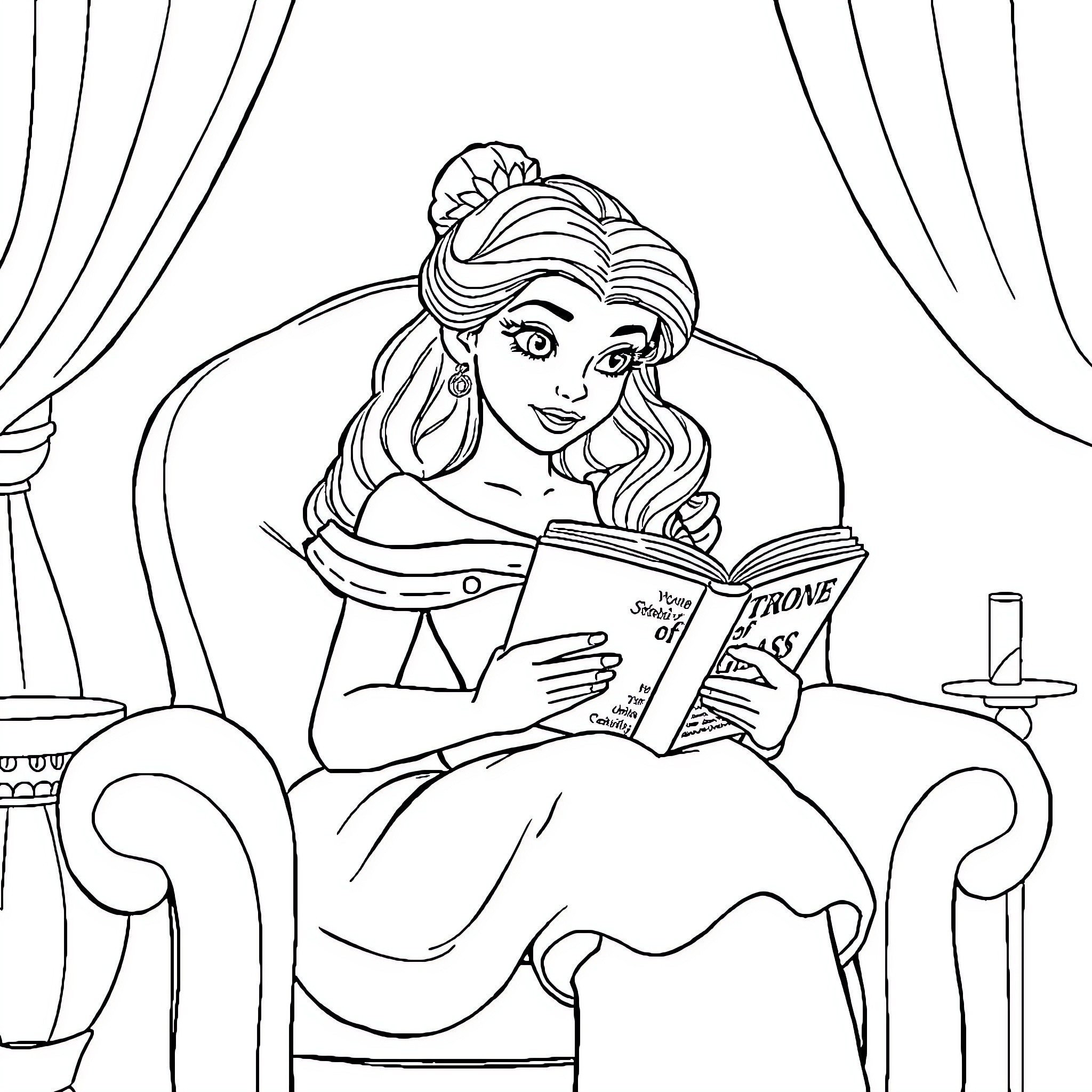 Belle Reading a Book Happily in the Salon Coloring Page (free black-and-white line drawing printable PDF for all, from beginners to advanced learners, including children, teens, adults, and seniors)