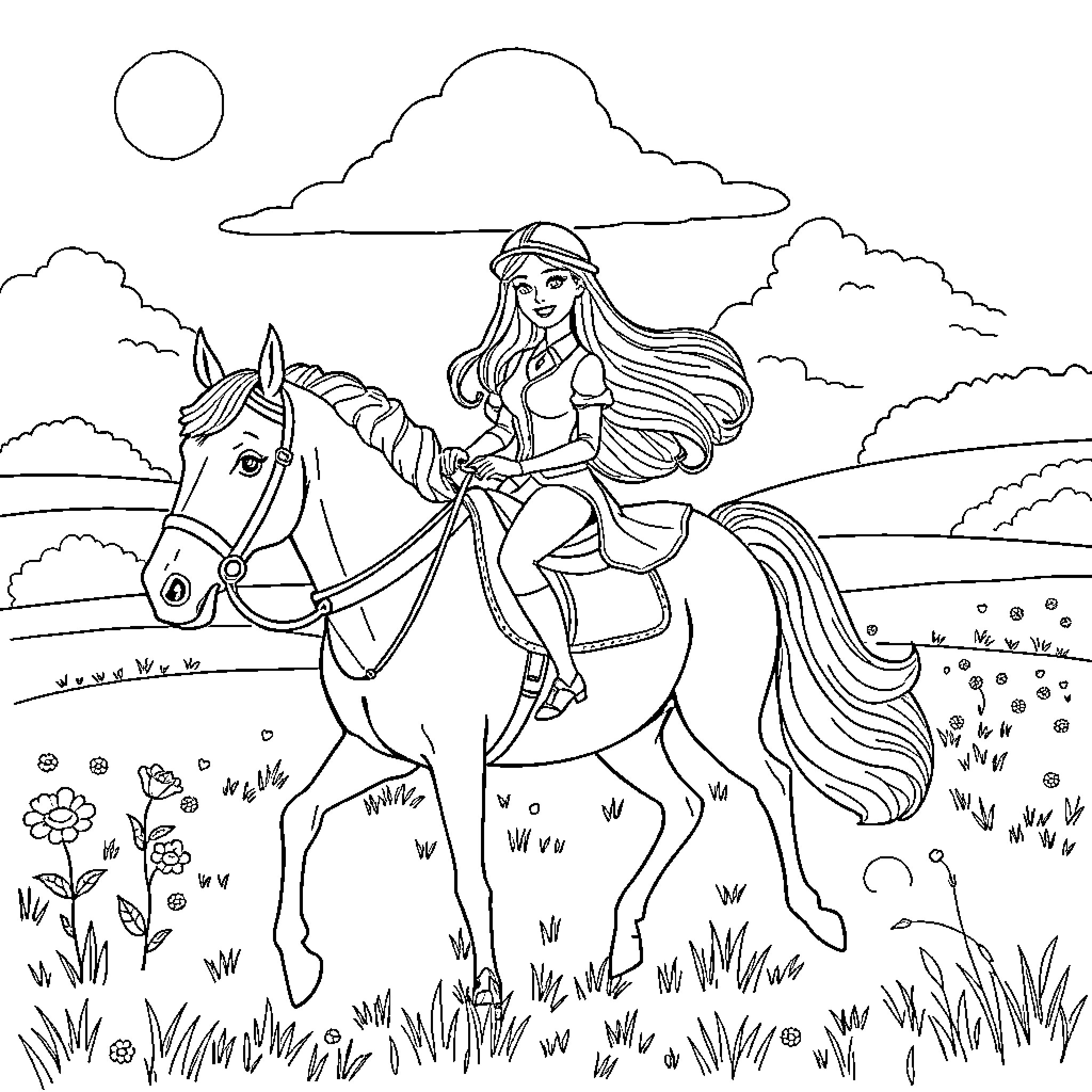 Barbie riding a horse through the countryside Coloring Page (free black-and-white line drawing printable PDF for all, from beginners to advanced learners, including children, teens, adults, and seniors)
