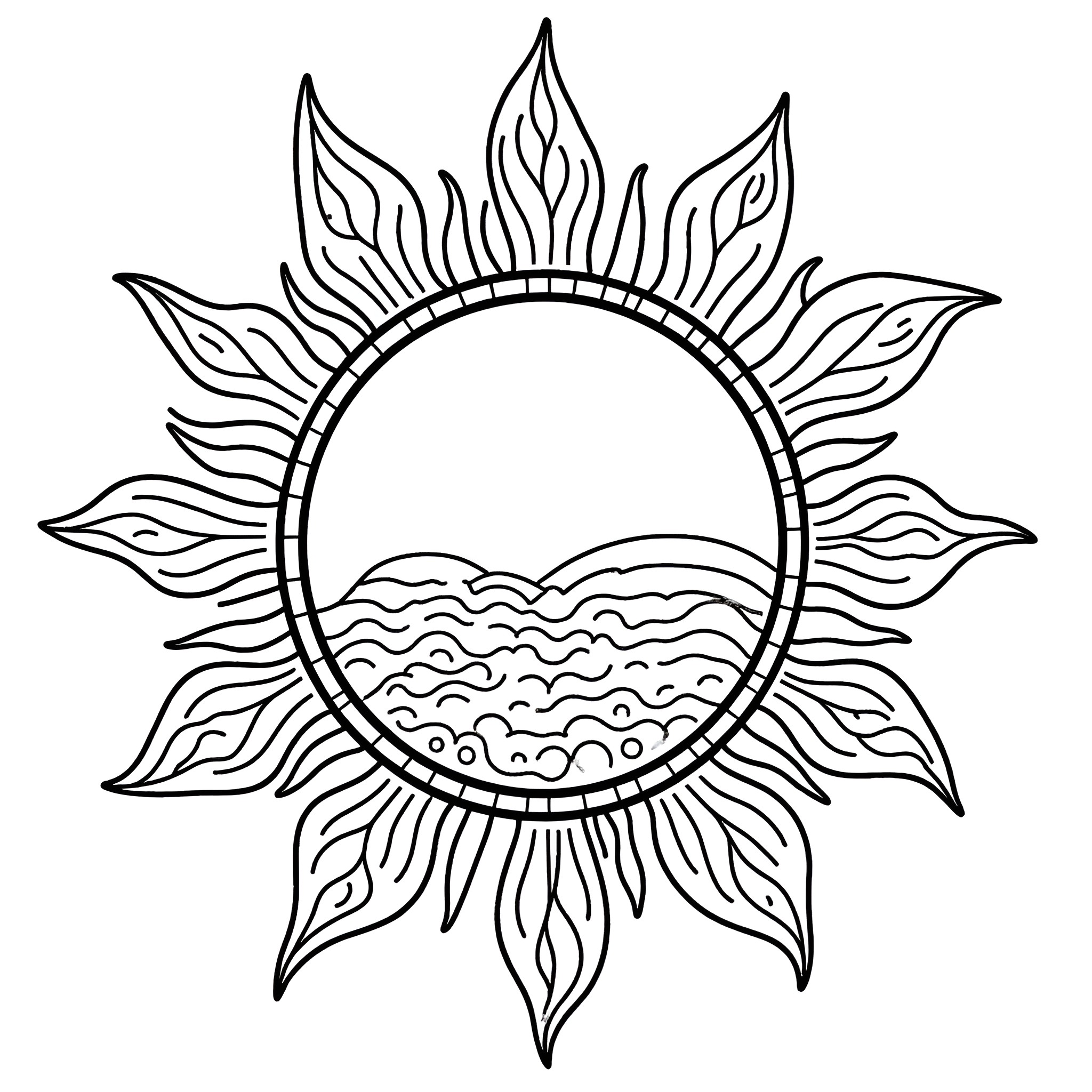 Sun with wavy ocean in decorative circle Coloring Page (free black-and-white line drawing printable PDF for all, from beginners to advanced learners, including children, teens, adults, and seniors)