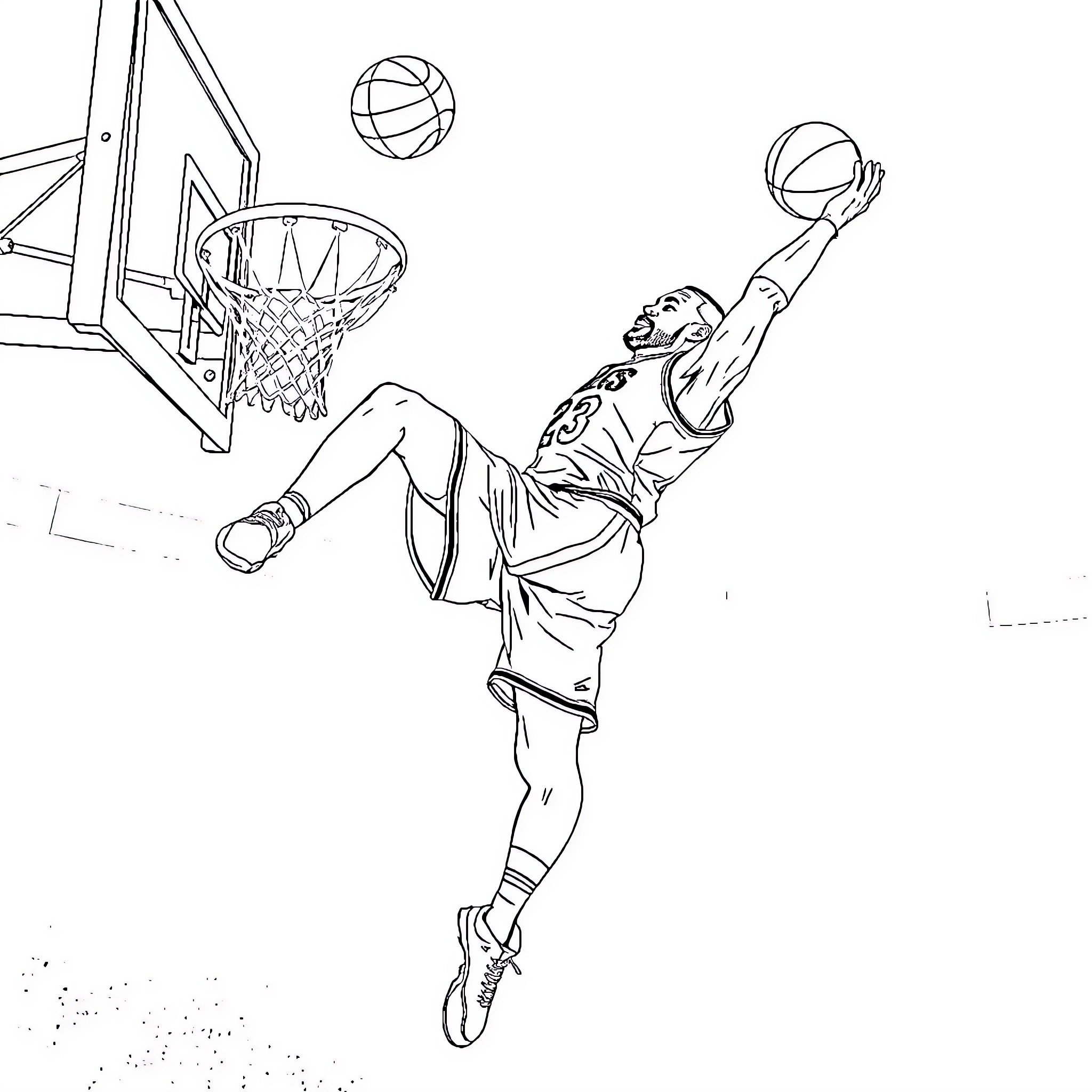 LeBron James jumping high to dunk the basketball Coloring Page (free black-and-white line drawing printable PDF for all, from beginners to advanced learners, including children, teens, adults, and seniors)
