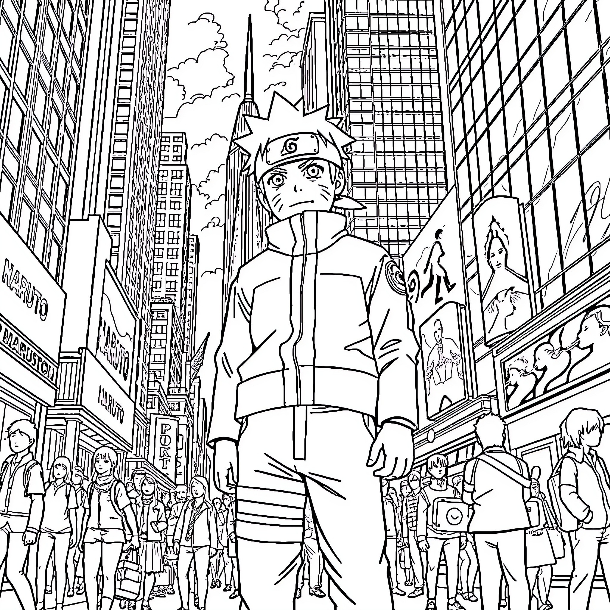 Naruto in the bustling city streets Coloring Page (free black-and-white line drawing printable PDF for all, from beginners to advanced learners, including children, teens, adults, and seniors)