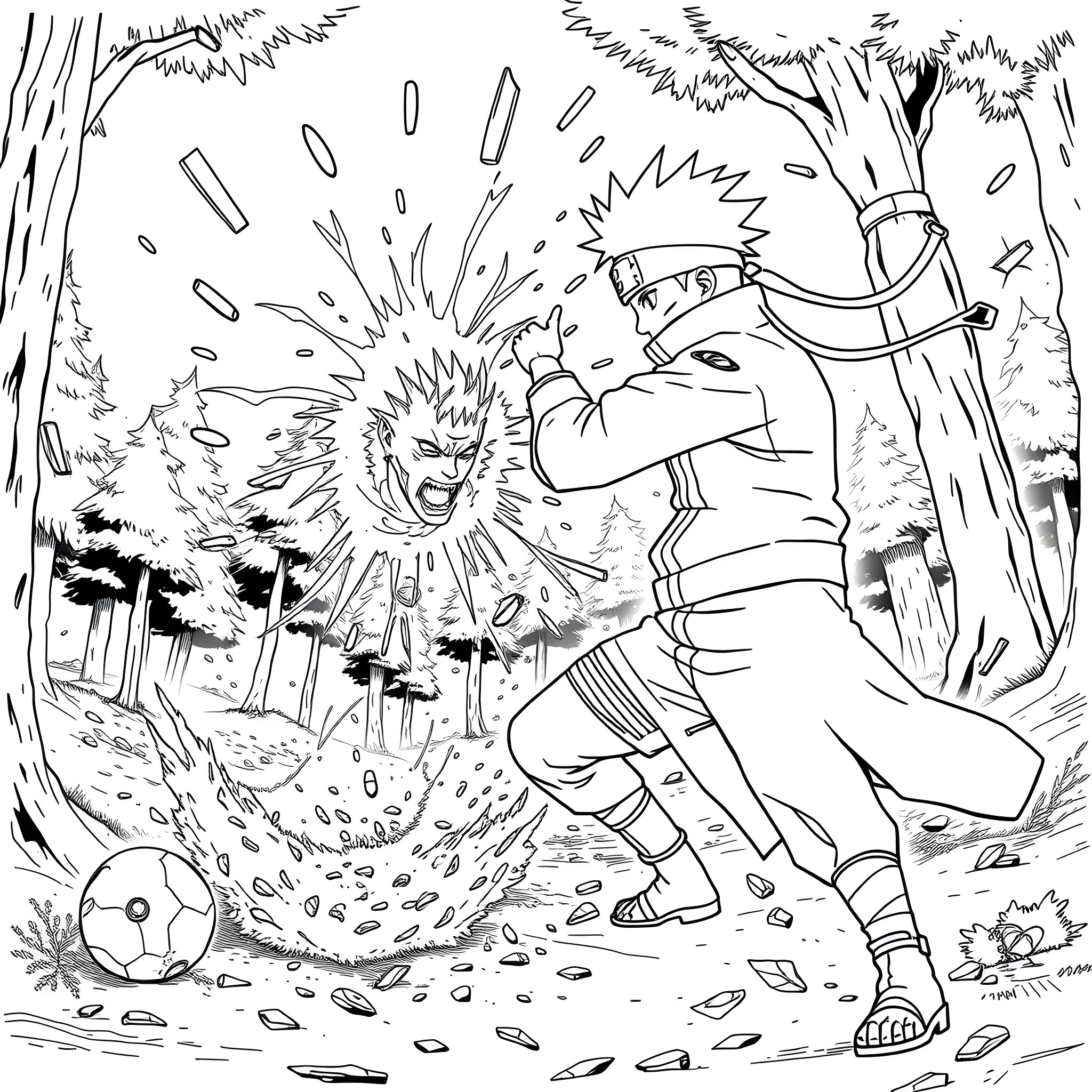 Naruto unleashing powerful jutsu in the forest Coloring Page (free black-and-white line drawing printable PDF for all, from beginners to advanced learners, including children, teens, adults, and seniors)