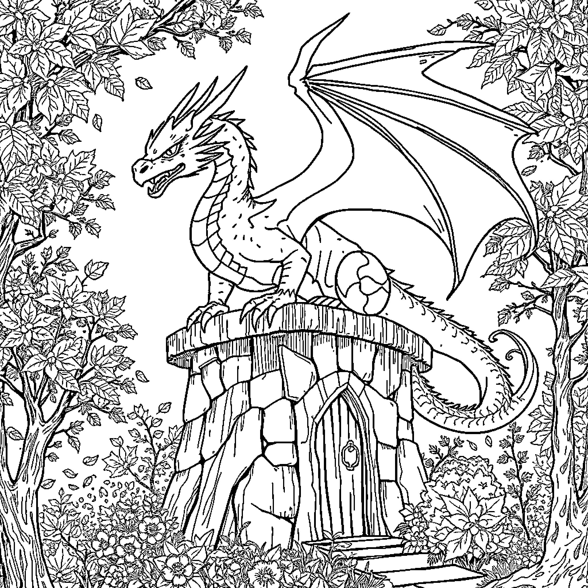 Dragon Perched on Enchanted Dwelling in Lush Forest Coloring Page (free black-and-white line drawing printable PDF for all, from beginners to advanced learners, including children, teens, adults, and seniors)