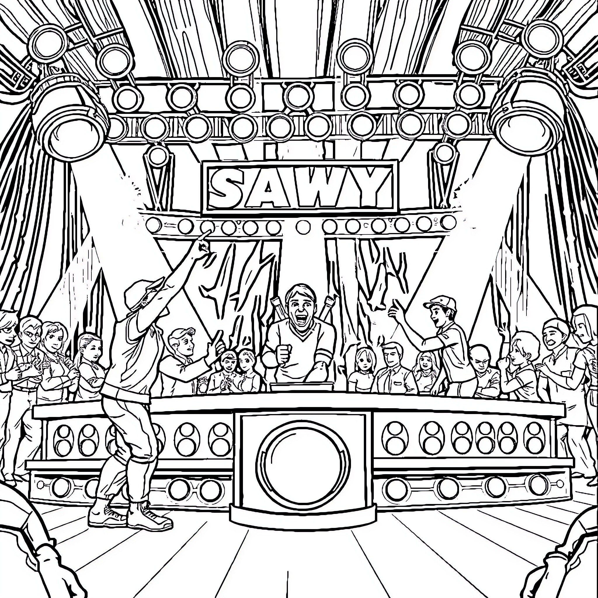 Squid Game: Intense game show stage with contestants Coloring Page (free black-and-white line drawing printable PDF for all, from beginners to advanced learners, including children, teens, adults, and seniors)