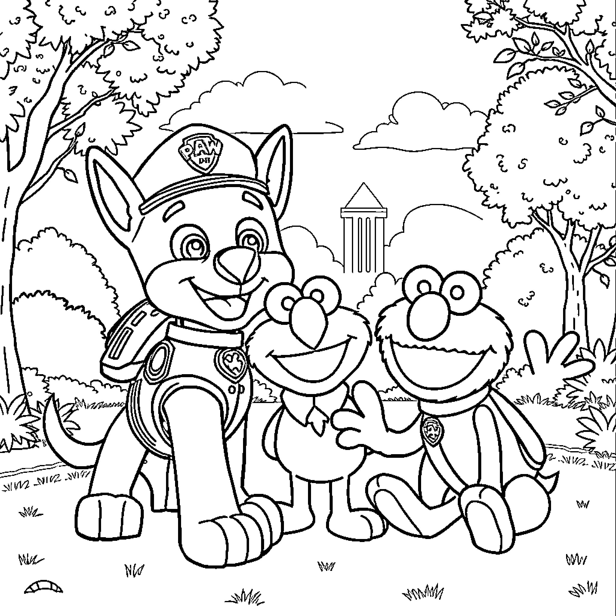 Chase through the Enchanted Forest Coloring Page (free black-and-white line drawing printable PDF for all, from beginners to advanced learners, including children, teens, adults, and seniors)