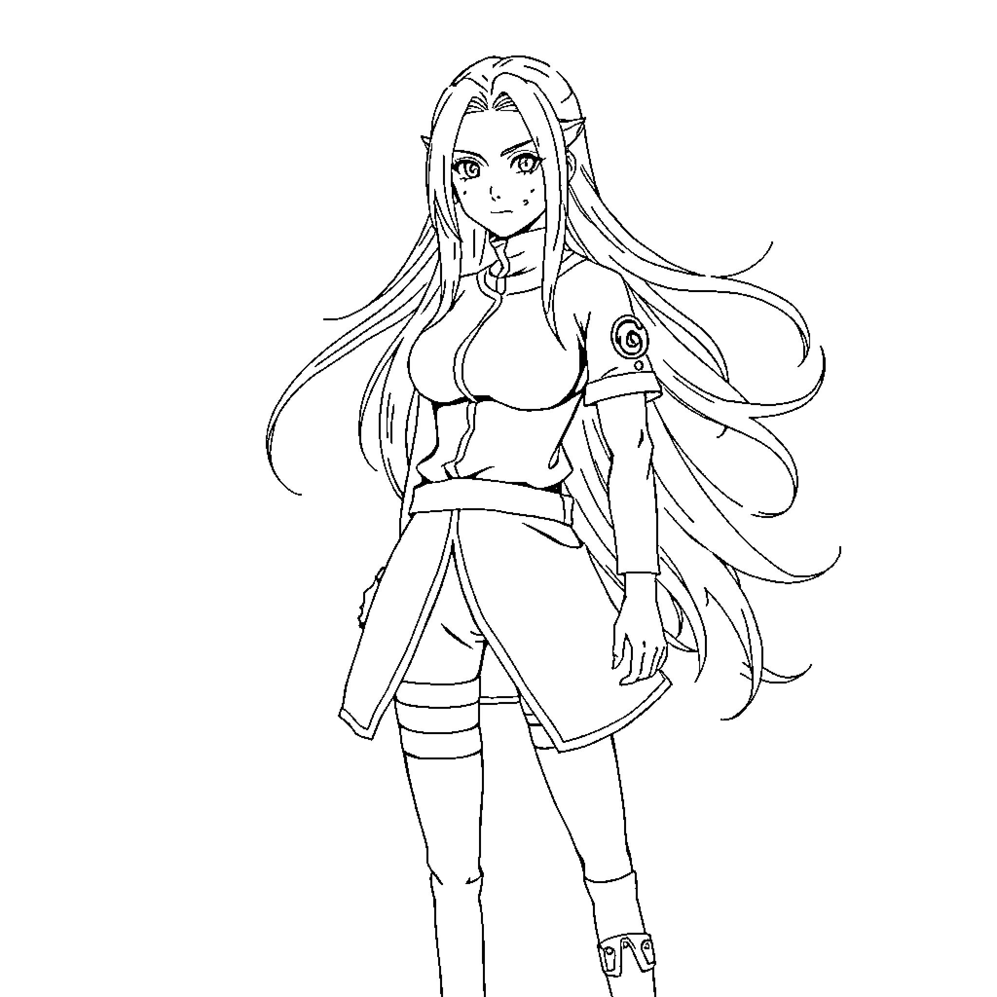 Tsunade in Ninja Attire with Long Hair Coloring Page (free black-and-white line drawing printable PDF for all, from beginners to advanced learners, including children, teens, adults, and seniors)