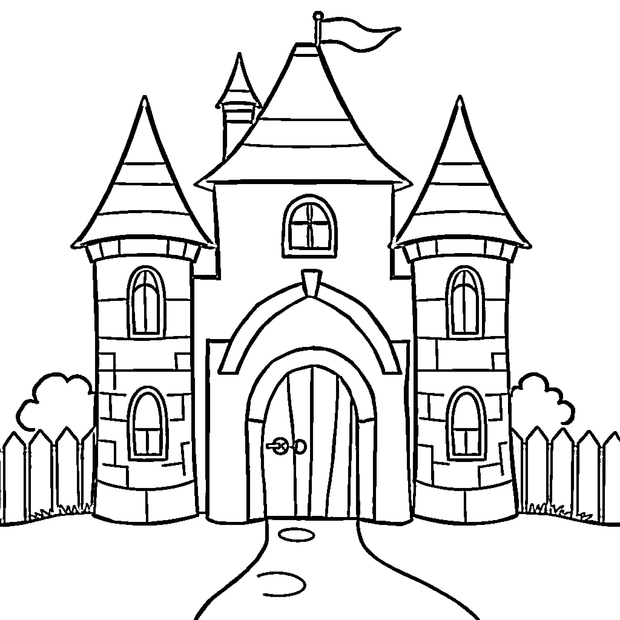 Château of Magical Towers and Arched Entrance Coloring Page (free black-and-white line drawing printable PDF for all, from beginners to advanced learners, including children, teens, adults, and seniors)