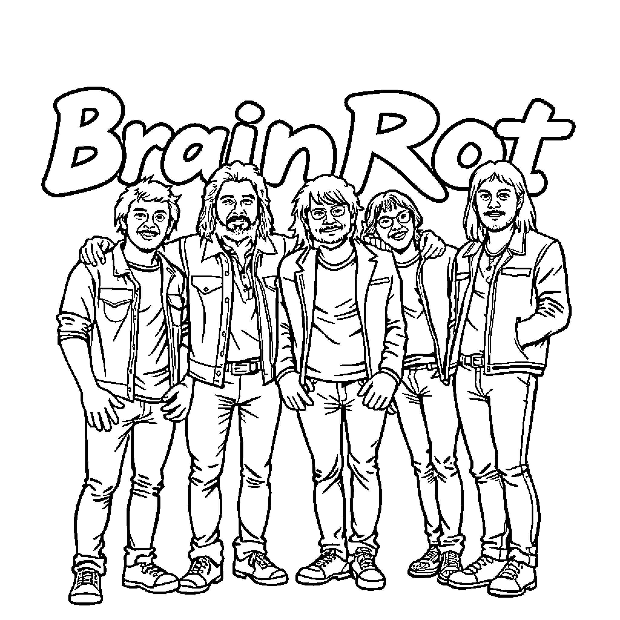 Brainrot: Casual Camaraderie of a Music Group Coloring Page (free black-and-white line drawing printable PDF for all, from beginners to advanced learners, including children, teens, adults, and seniors)
