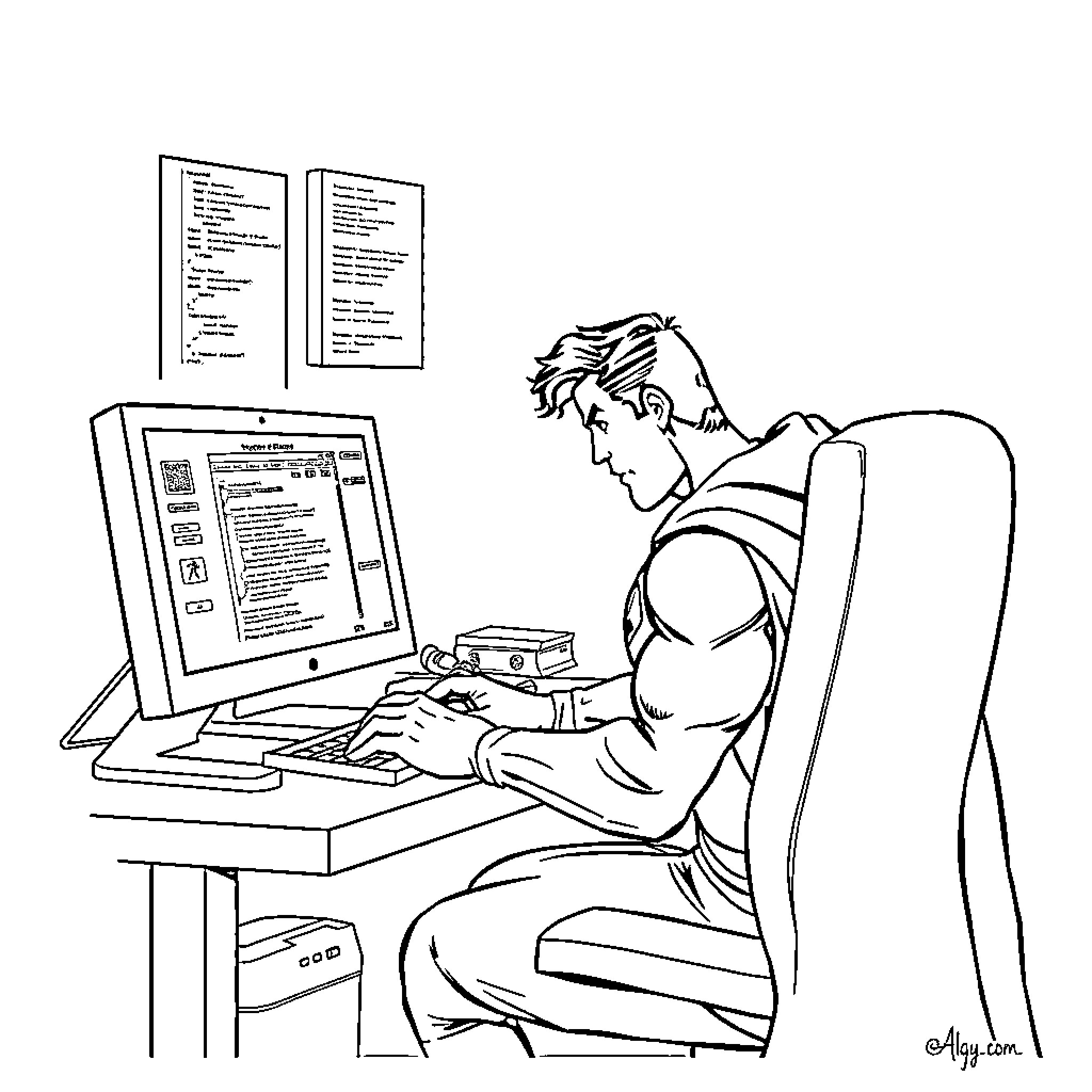 Superman working diligently at a computer Coloring Page (free black-and-white line drawing printable PDF for all, from beginners to advanced learners, including children, teens, adults, and seniors)