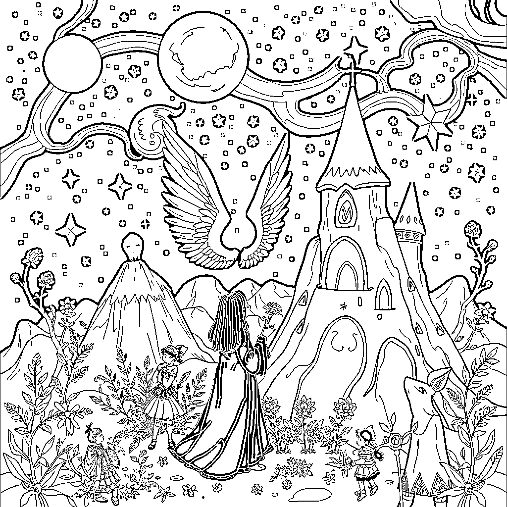 Element of Enchantment and Whimsy in Fantastical Landscape Coloring Page (free black-and-white line drawing printable PDF for all, from beginners to advanced learners, including children, teens, adults, and seniors)