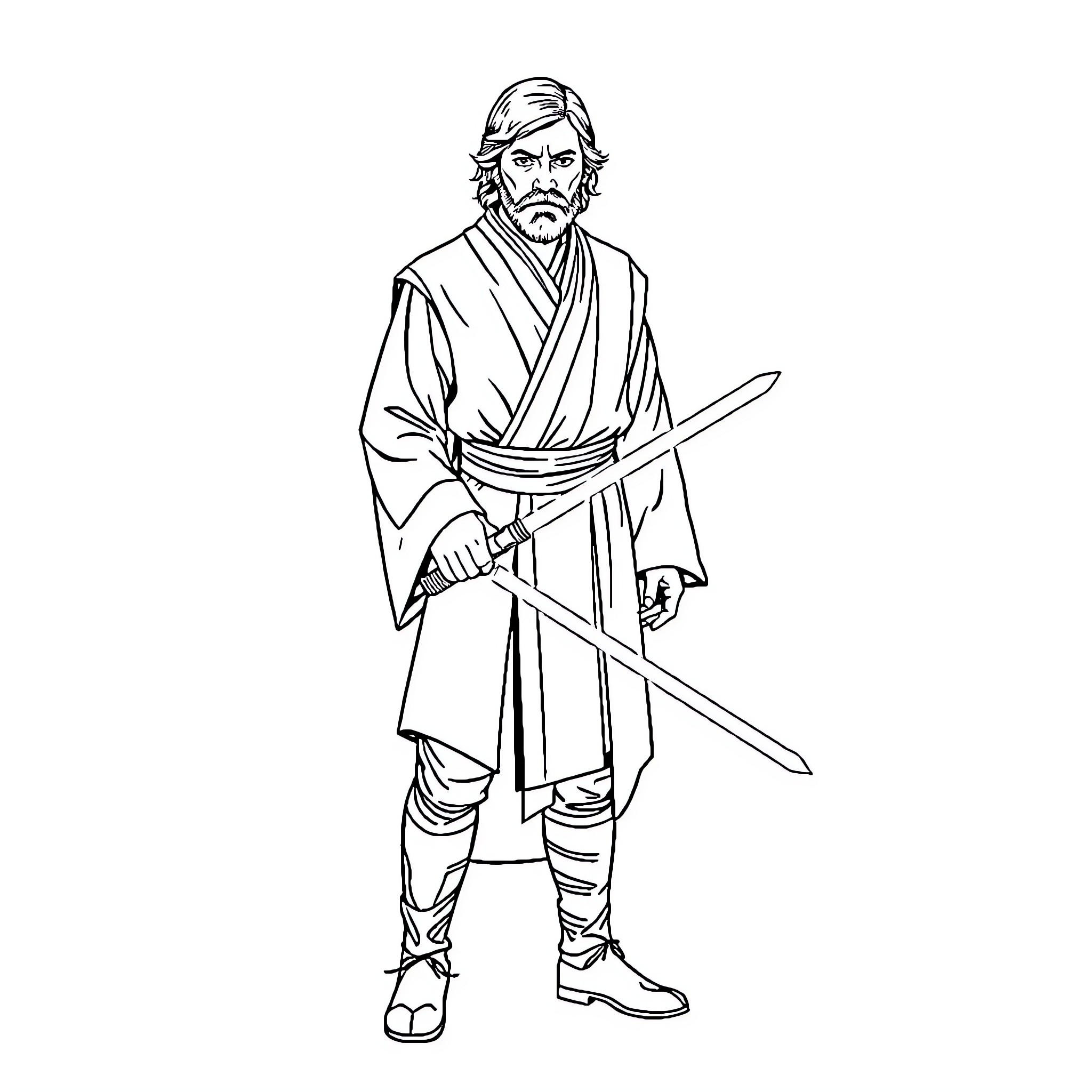Obi-Wan Kenobi wielding his lightsaber in battle stance Coloring Page (free black-and-white line drawing printable PDF for all, from beginners to advanced learners, including children, teens, adults, and seniors)