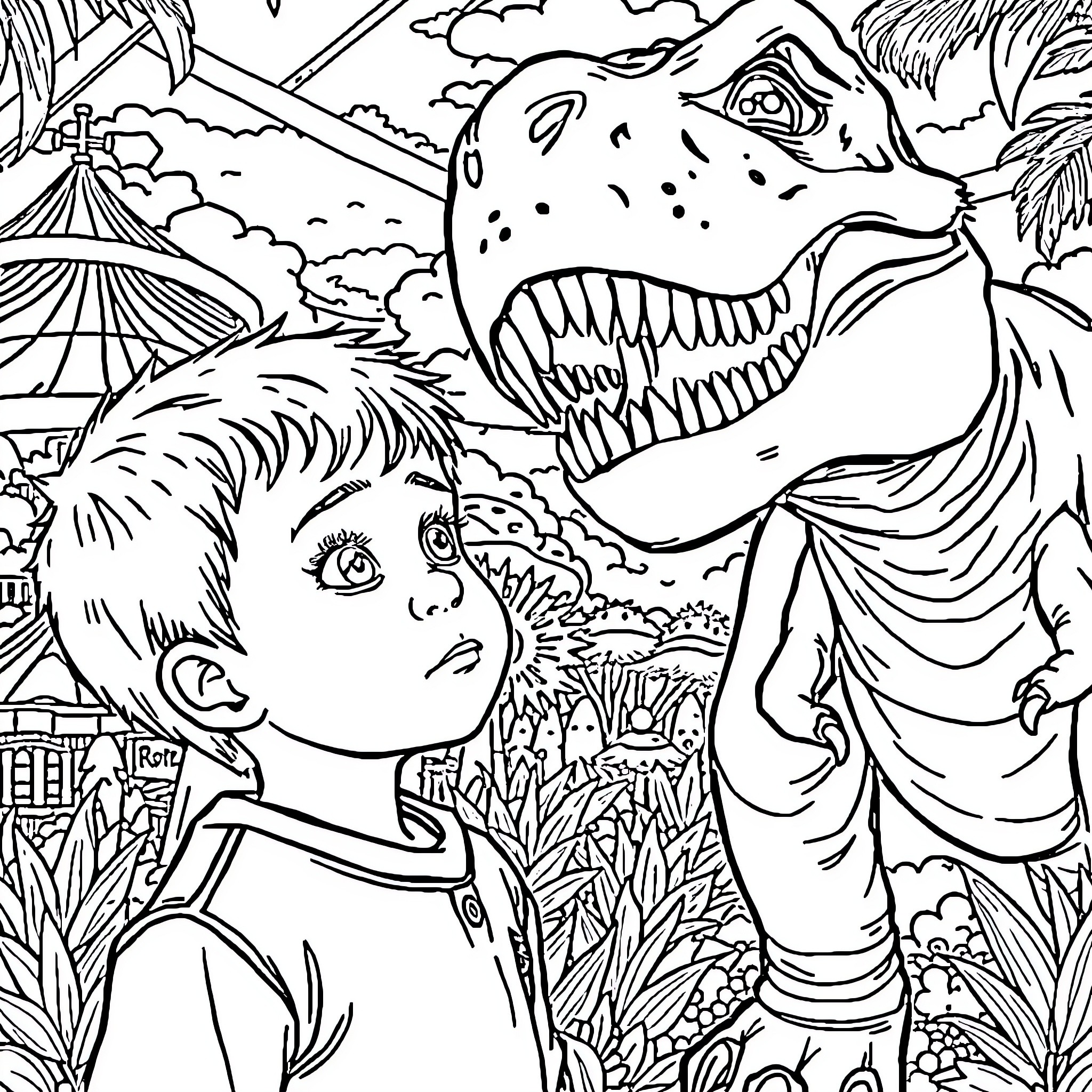 Child's adventure with a dinosaur in the wilderness Coloring Page (free black-and-white line drawing printable PDF for all, from beginners to advanced learners, including children, teens, adults, and seniors)