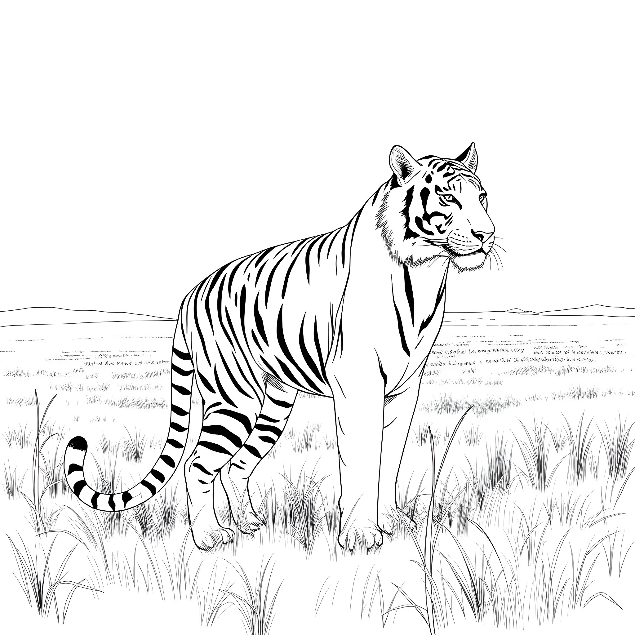 Tiger standing alert in the wild Coloring Page (free black-and-white line drawing printable PDF for all, from beginners to advanced learners, including children, teens, adults, and seniors)