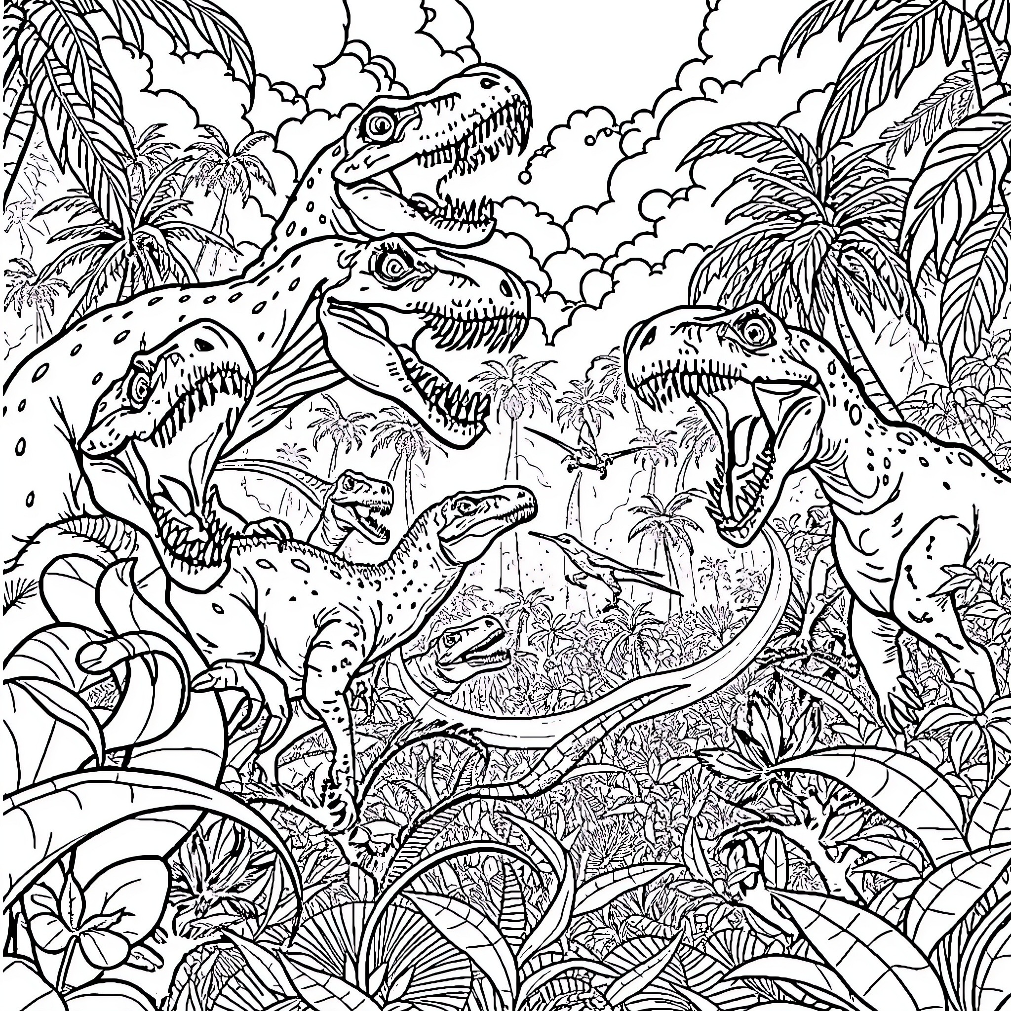 Dinosaur in a Lush Prehistoric Jungle Landscape Coloring Page (free black-and-white line drawing printable PDF for all, from beginners to advanced learners, including children, teens, adults, and seniors)