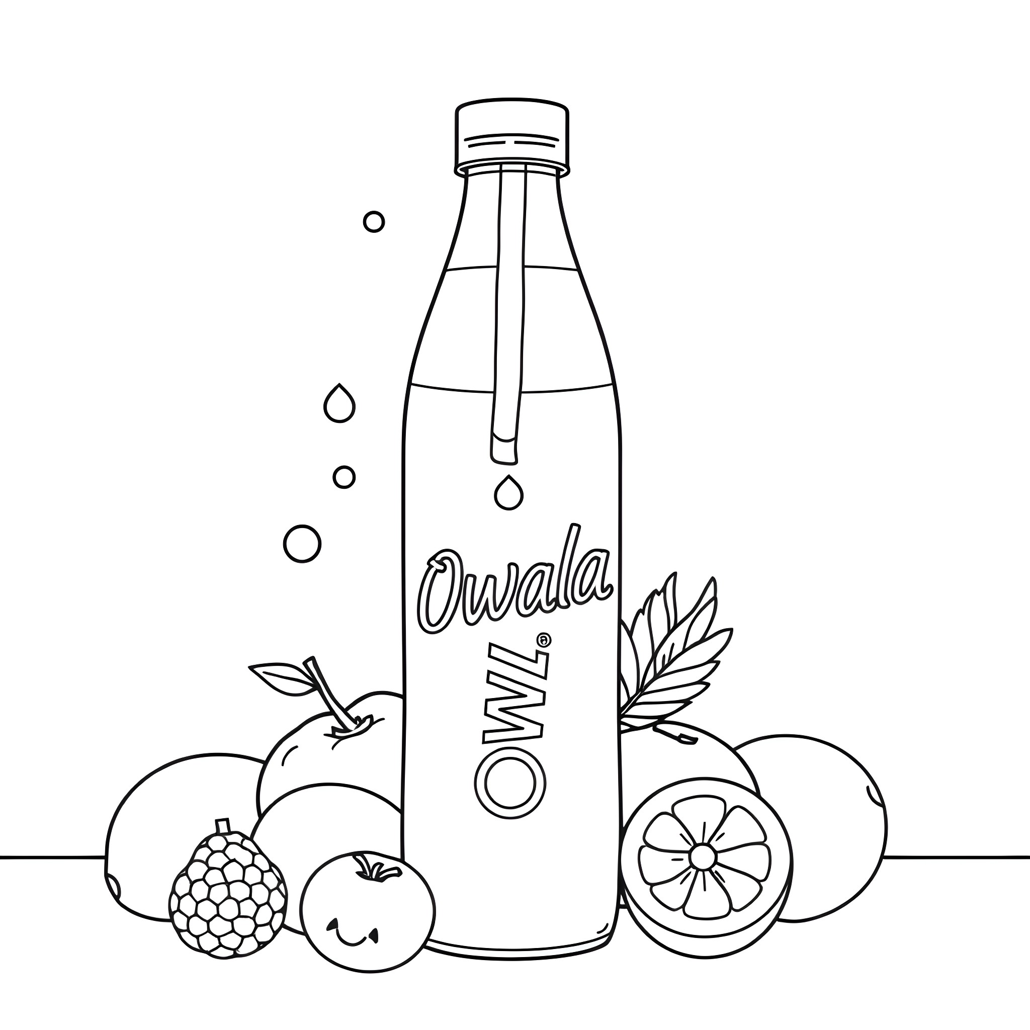 Owala Bottle with Fruit and Leaves Coloring Page (free black-and-white line drawing printable PDF for all, from beginners to advanced learners, including children, teens, adults, and seniors)