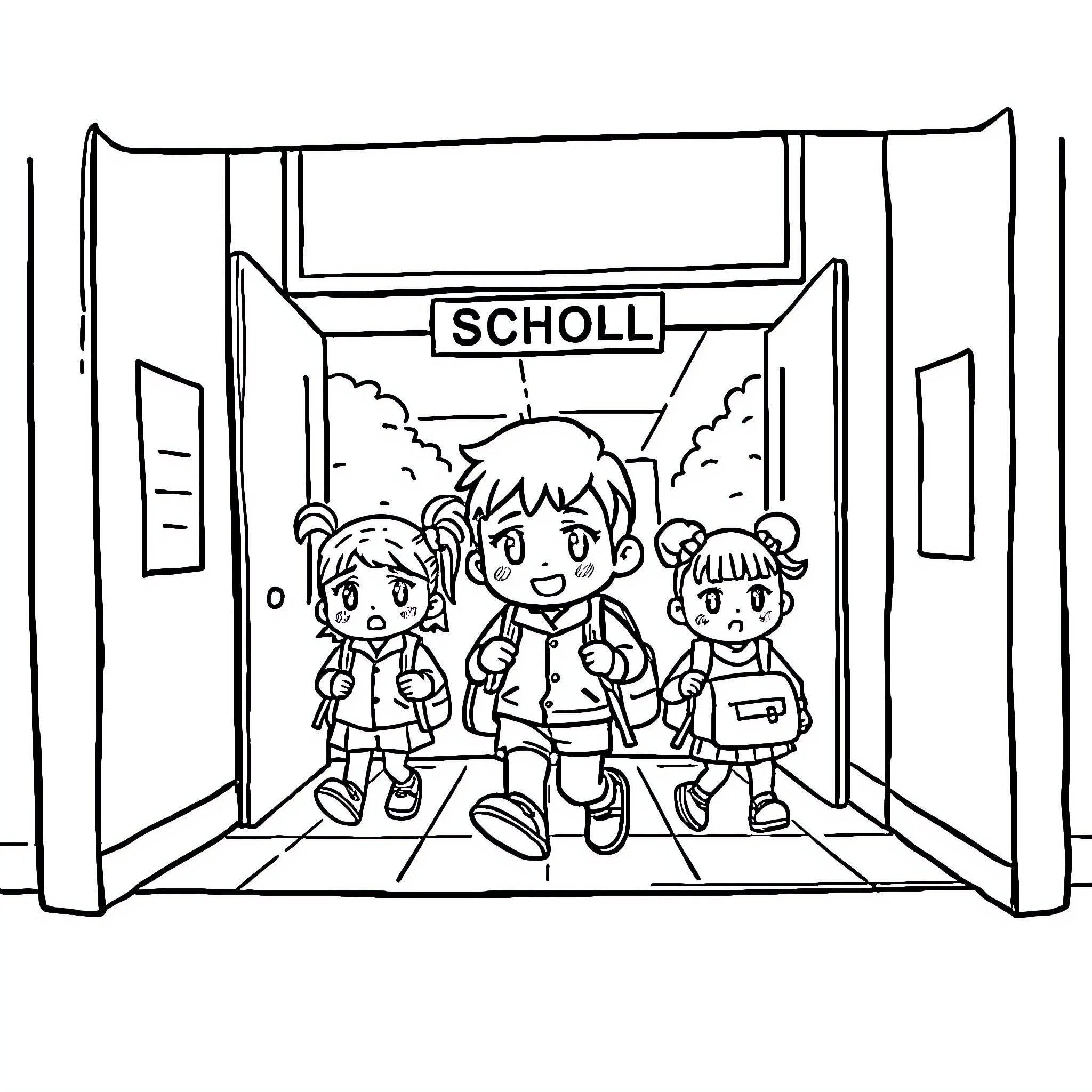 Tokidoki Trio Entering School Hallway Coloring Page (free black-and-white line drawing printable PDF for all, from beginners to advanced learners, including children, teens, adults, and seniors)