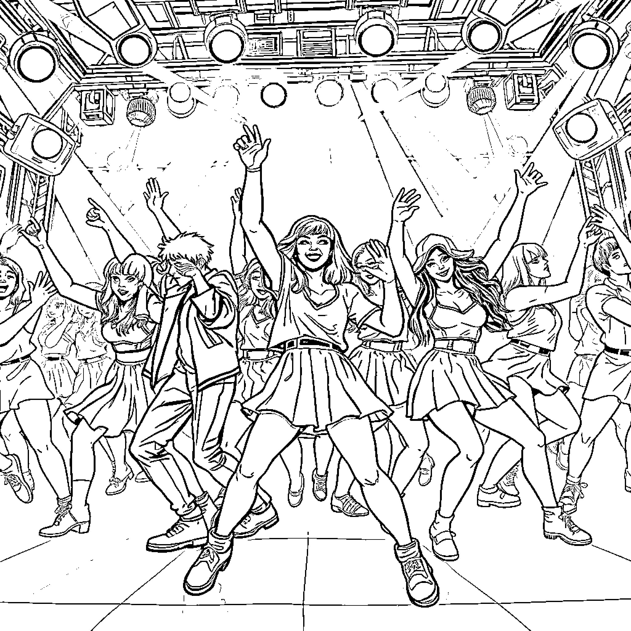 K Pop Performers Energetically Dancing on Stage Coloring Page (free black-and-white line drawing printable PDF for all, from beginners to advanced learners, including children, teens, adults, and seniors)