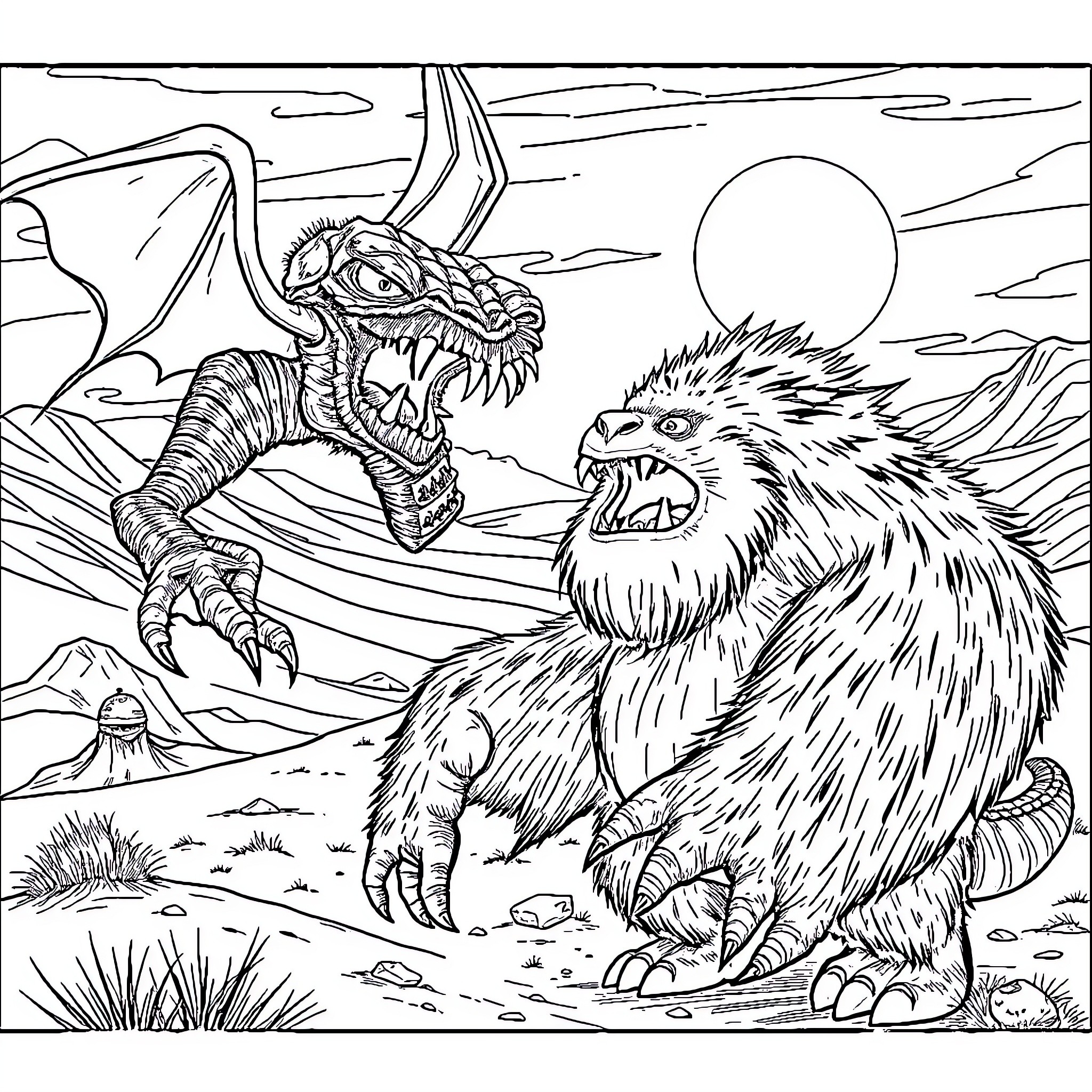 Goblin Creatures Confronting in Mystical Landscape Coloring Page (free black-and-white line drawing printable PDF for all, from beginners to advanced learners, including children, teens, adults, and seniors)
