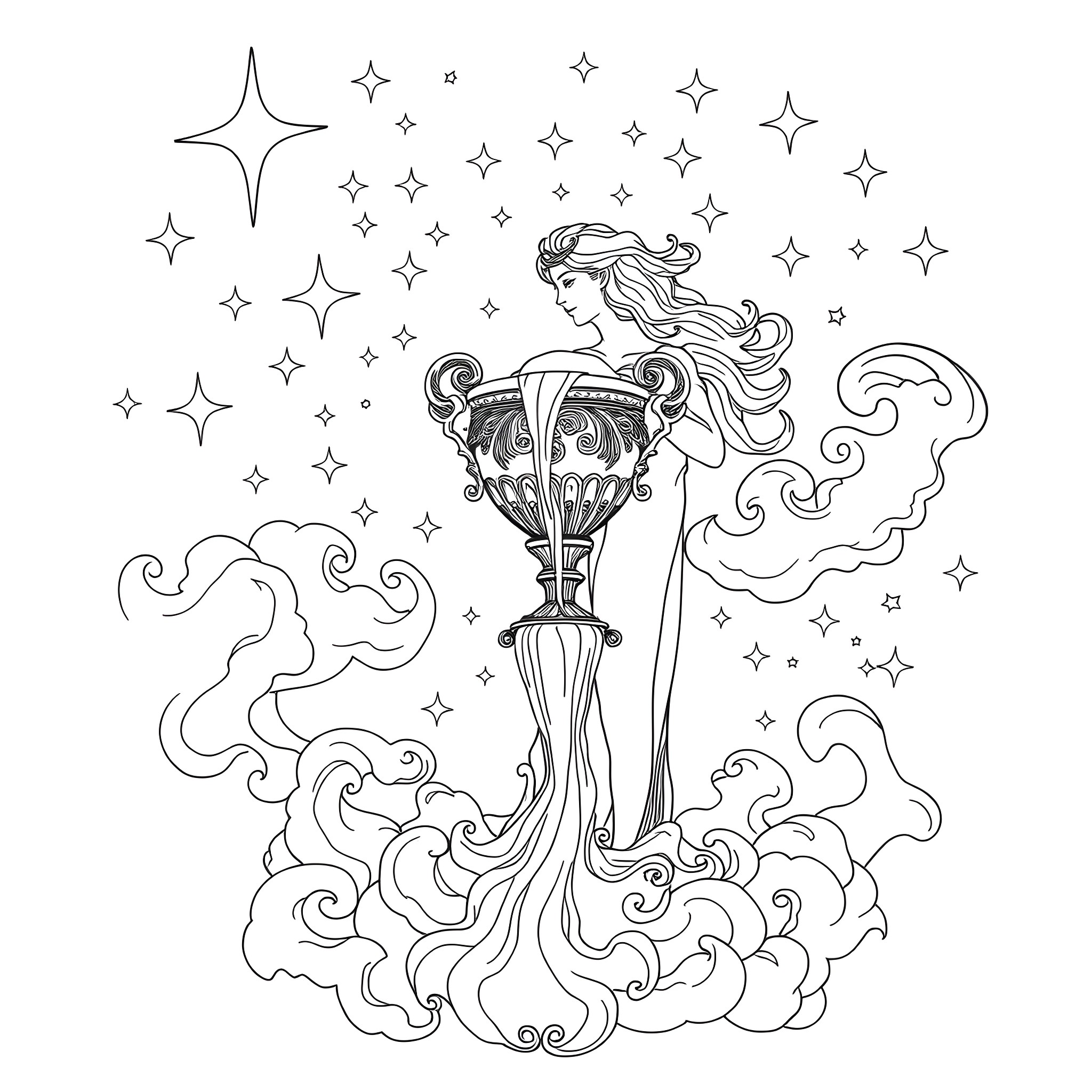 Aquarius - Starry Maiden in Flowing Celestial Attire Coloring Page (free black-and-white line drawing printable PDF for all, from beginners to advanced learners, including children, teens, adults, and seniors)
