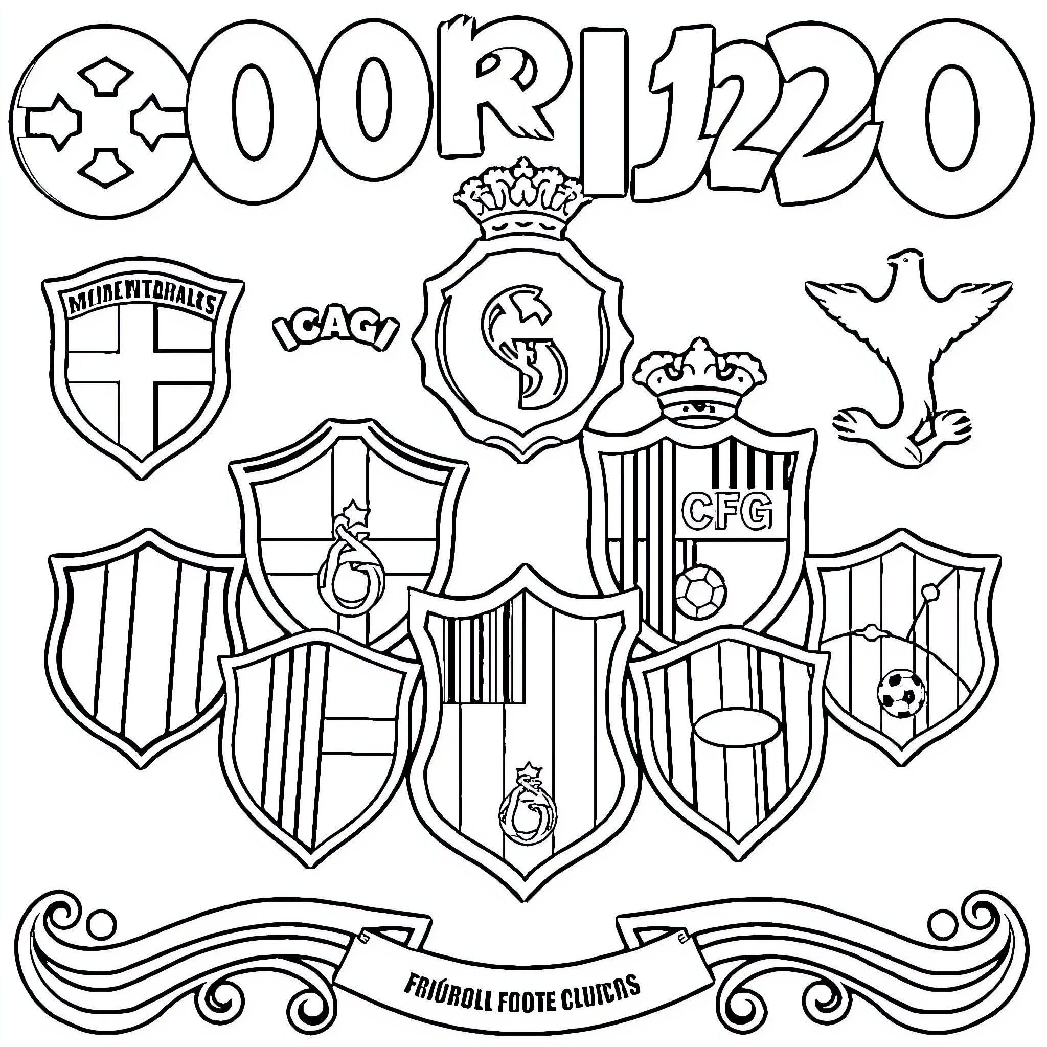 Football Club Crest Designs and Symbols Coloring Page (free black-and-white line drawing printable PDF for all, from beginners to advanced learners, including children, teens, adults, and seniors)