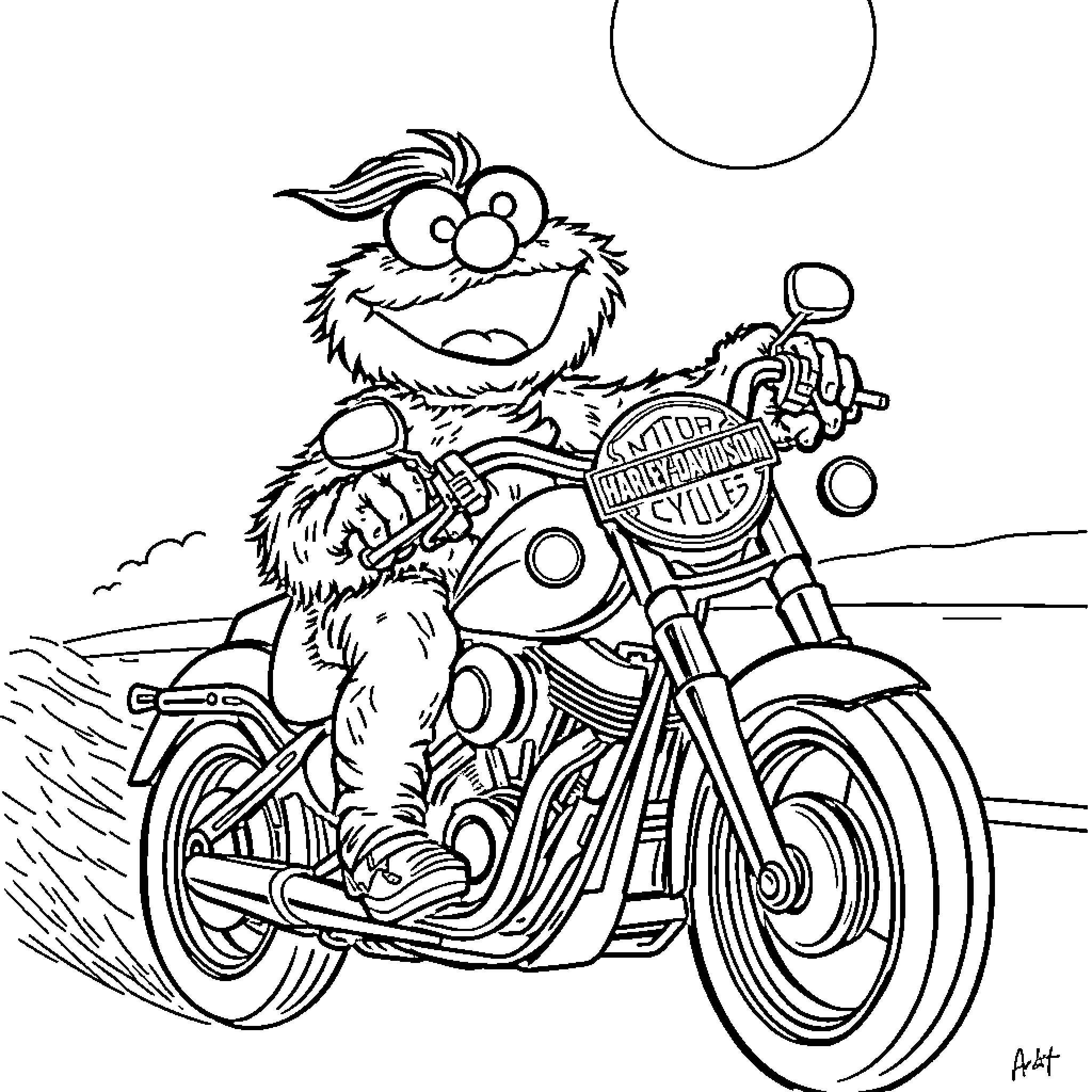 Cookie Monster riding a motorcycle in the desert Coloring Page (free black-and-white line drawing printable PDF for all, from beginners to advanced learners, including children, teens, adults, and seniors)