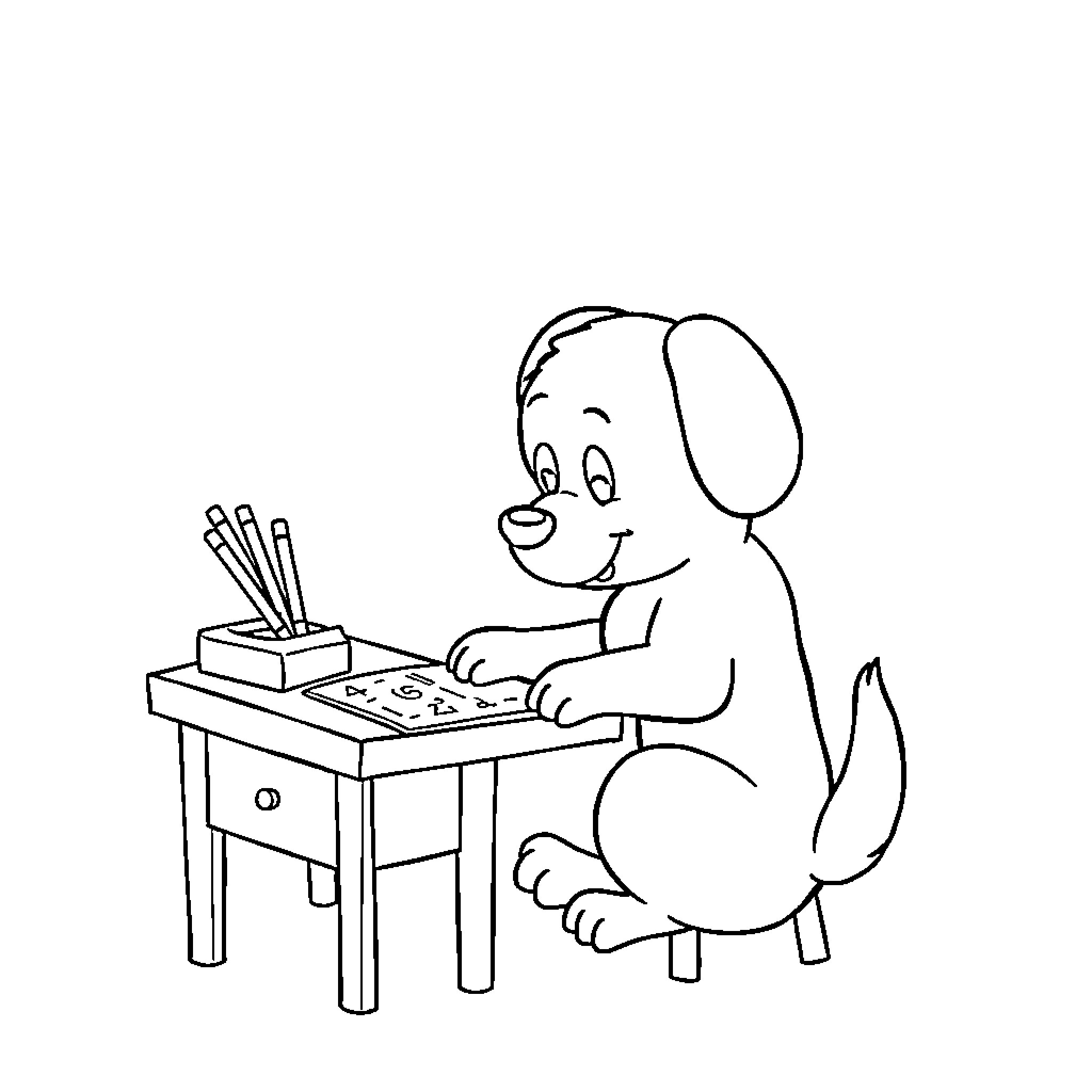 Dog drawing at desk with supplies Coloring Page (free black-and-white line drawing printable PDF for all, from beginners to advanced learners, including children, teens, adults, and seniors)