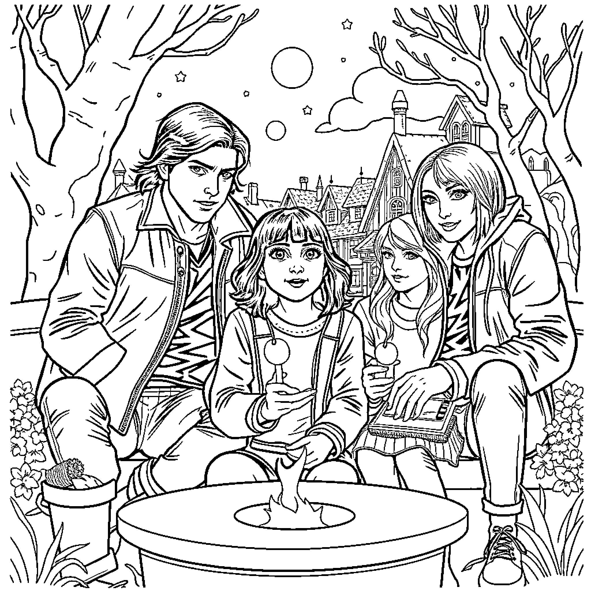 Crossover of Friends in Whimsical Outdoor Scene Coloring Page (free black-and-white line drawing printable PDF for all, from beginners to advanced learners, including children, teens, adults, and seniors)