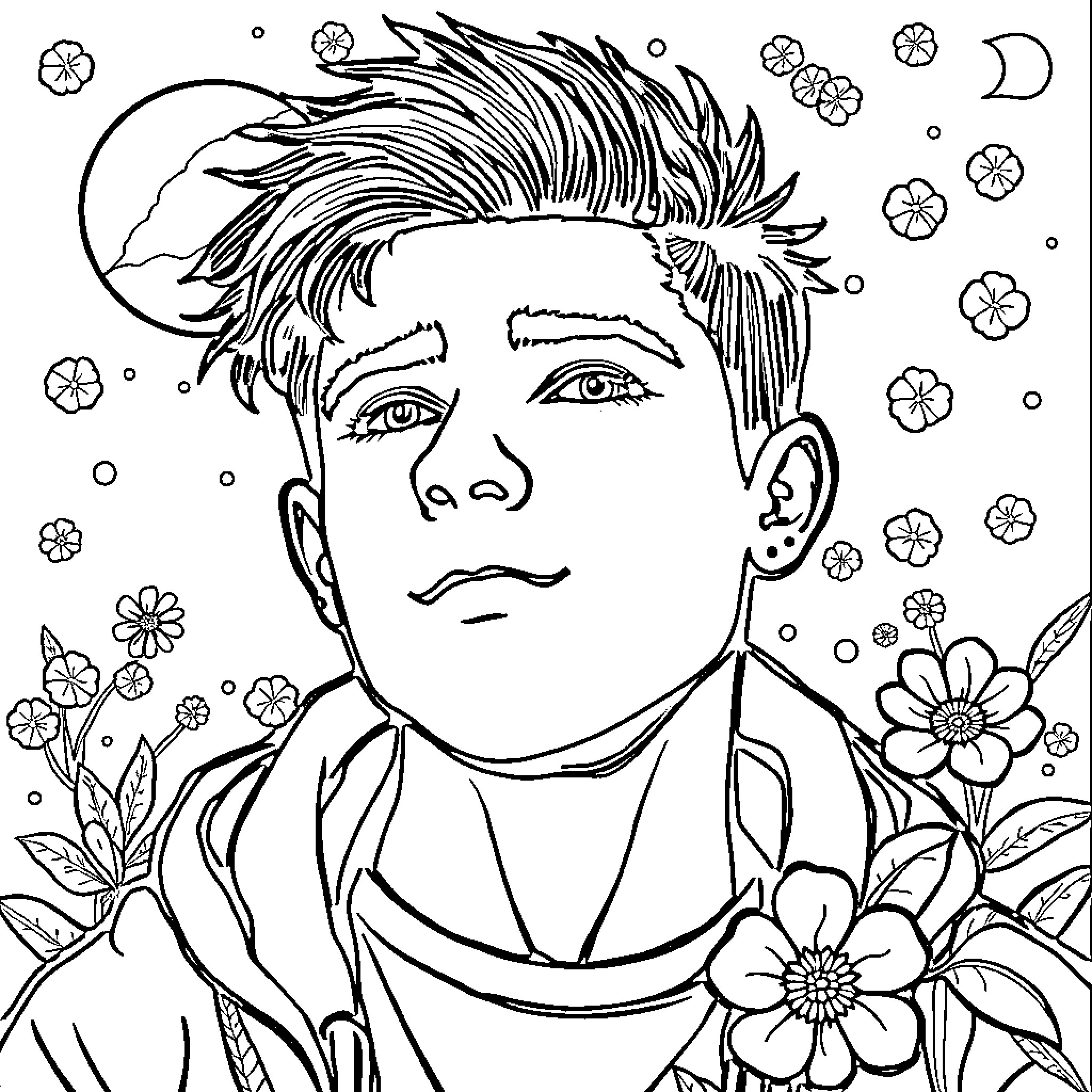 Teen boy surrounded by flowers and nature Coloring Page (free black-and-white line drawing printable PDF for all, from beginners to advanced learners, including children, teens, adults, and seniors)